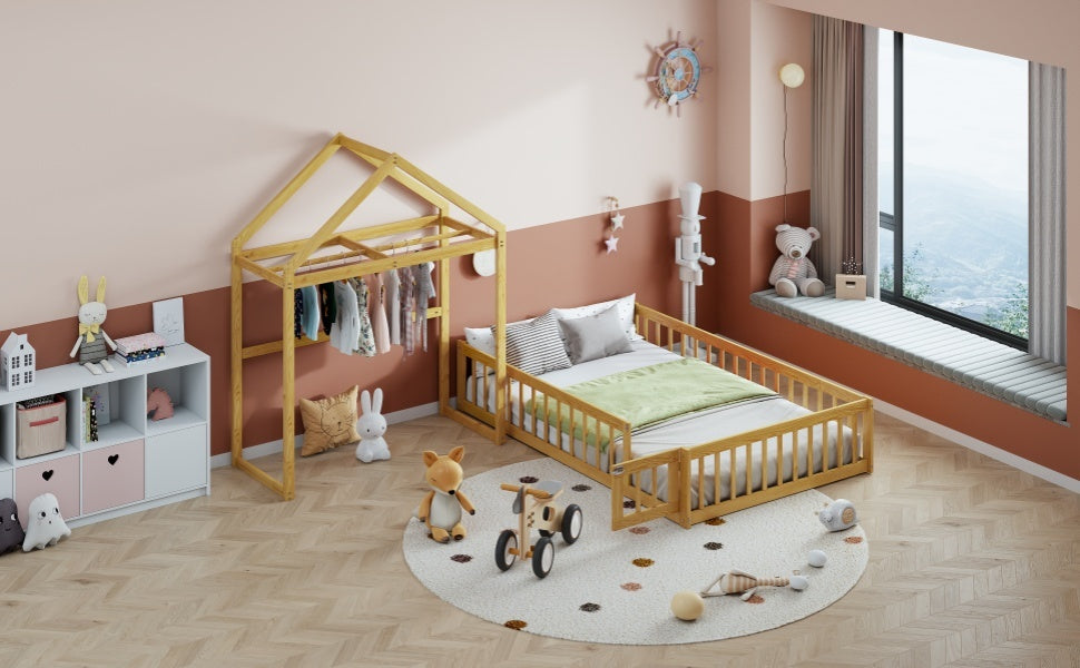 Wooden Floor Bed With Fence Railings And Detachable House Shape Headboard,Full Size Bed With Kids Dress Up Rack, Kids Montessori Style Playhouse Frame For Girls Boys, Natural Full Natural Wood