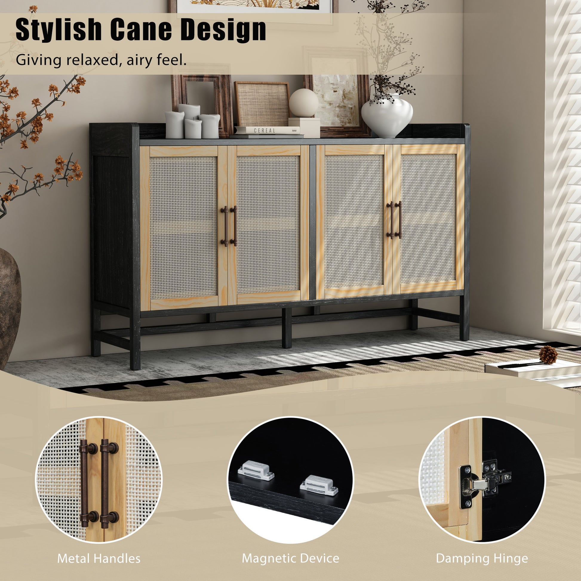 Sideboard Rustic Buffet Cabinet, Sideboard Cabinet With Decorative Rattan Doors, Buffet Cabinet With Storage For Entryway Dining Room Kitchen Living Room, Black Natural Black Natural Mdf