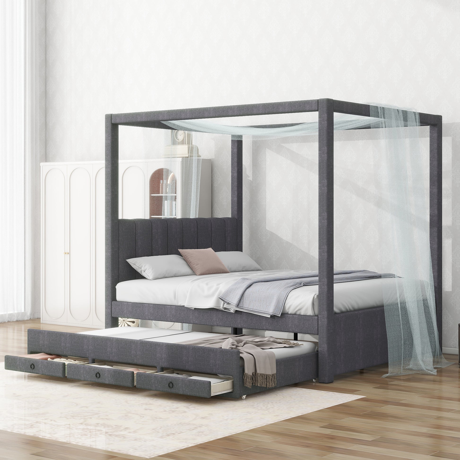 Full Size Upholstery Canopy Platform Bed With Trundle And Three Storage Drawers, Gray Full Gray Upholstered