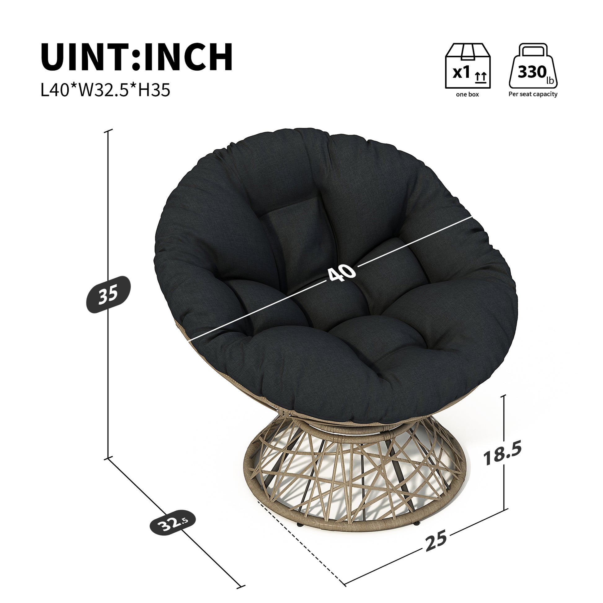 40" Ergonomic Wicker Chair With Cloud Thick Density Fabric Cushion,3 Proof Cover,High Capacity Iron Frame,Fluid 360 Degree Swivel For Reading,Living Room, Bedroom,Lounge,Brown Base,2 Colors