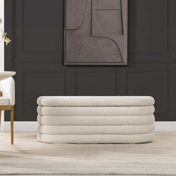 Fuji 49" Upholstered Oval Storage Bench, Ivory White Boucle White Foam Boucle
