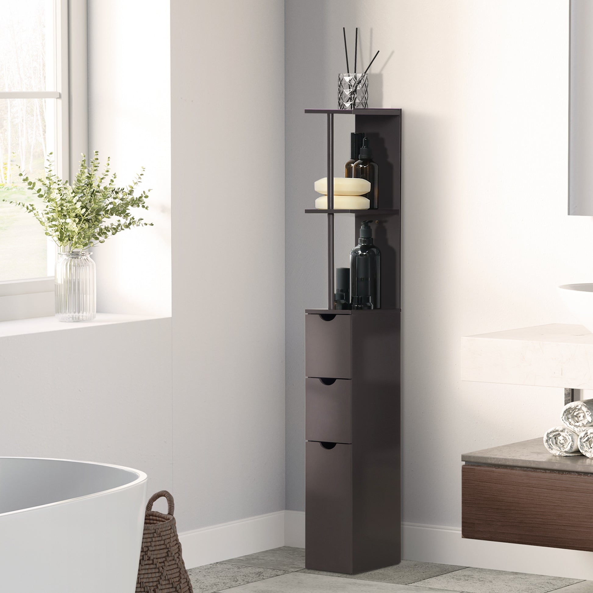 Homcom 54" Tall Bathroom Storage Cabinet, Freestanding Linen Tower With 2 Tier Shelf And Drawers, Narrow Side Floor Organizer, Brown Brown Mdf