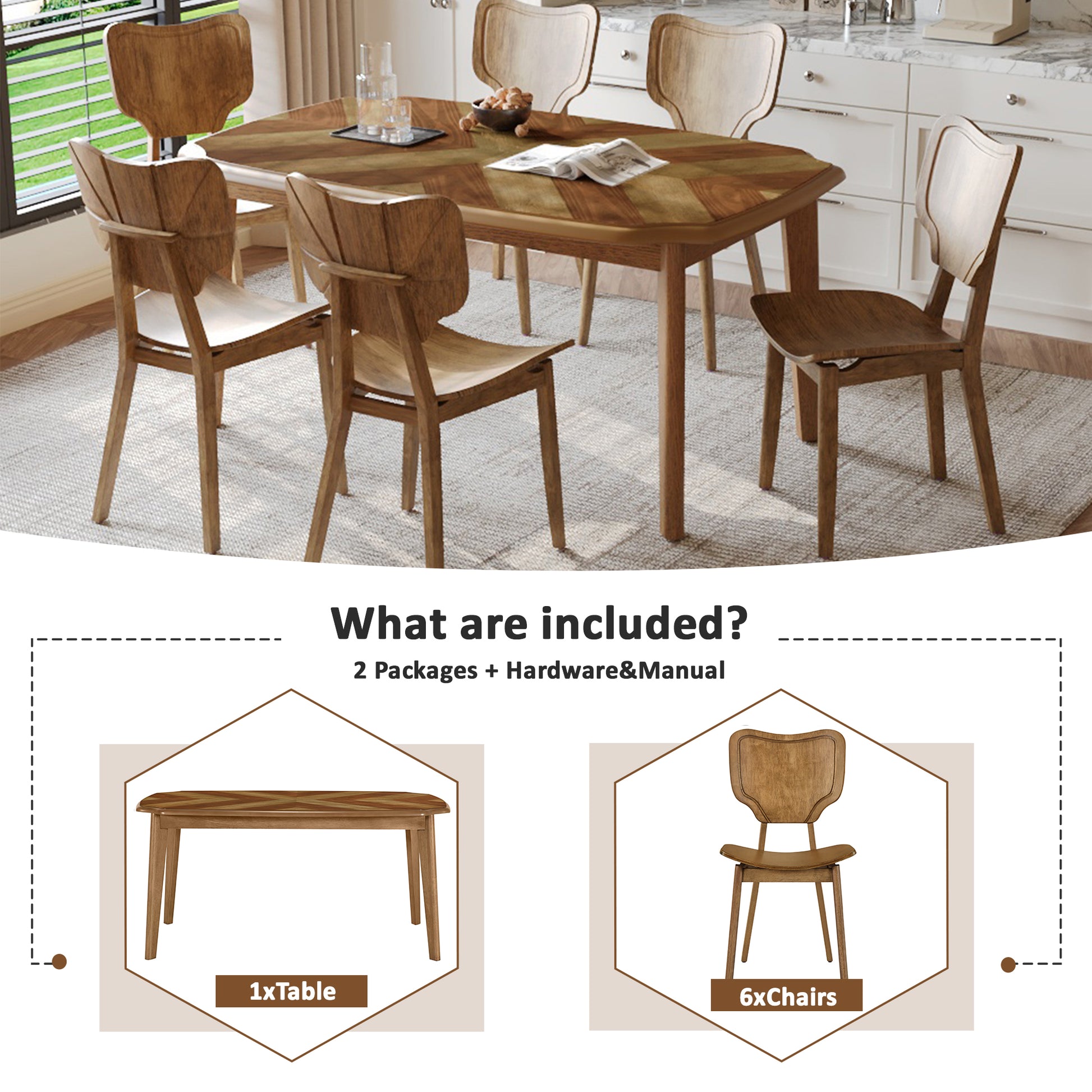 Vintage 7 Piece Dining Table Set With 6 Dining Chairs,Kitchen Table Set For 6 With Curved Back And Seat, Brown Wood Dining Room Solid Wood Rubberwood Rectangular Dining Table With Chair Upholstered Chair Wood Brown Seats 6 Farmhouse Curved 4 Leg Rubber