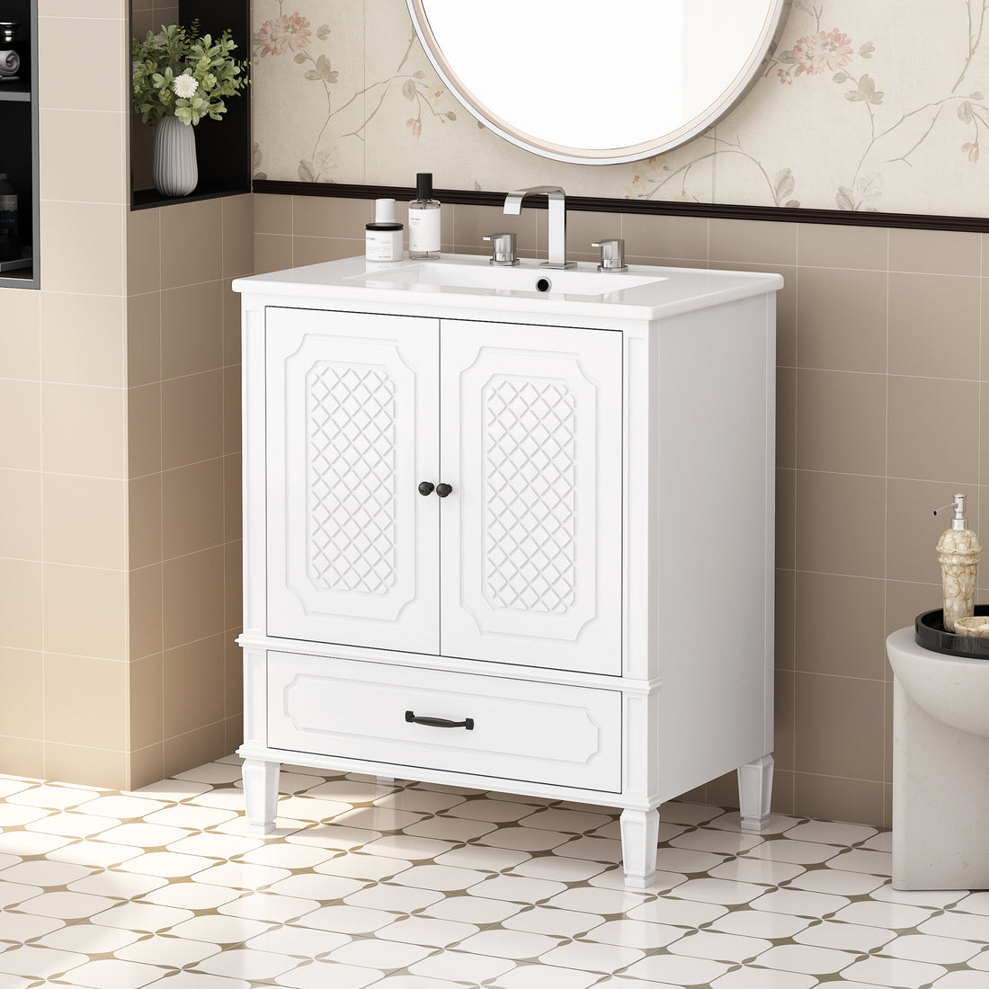 30" Bathroom Vanity With Sink Vintage Style, Multi Functional Storage Space, Door Shelf, Soft Closing Door, White White Acacia Wood,Ceramic Mdf