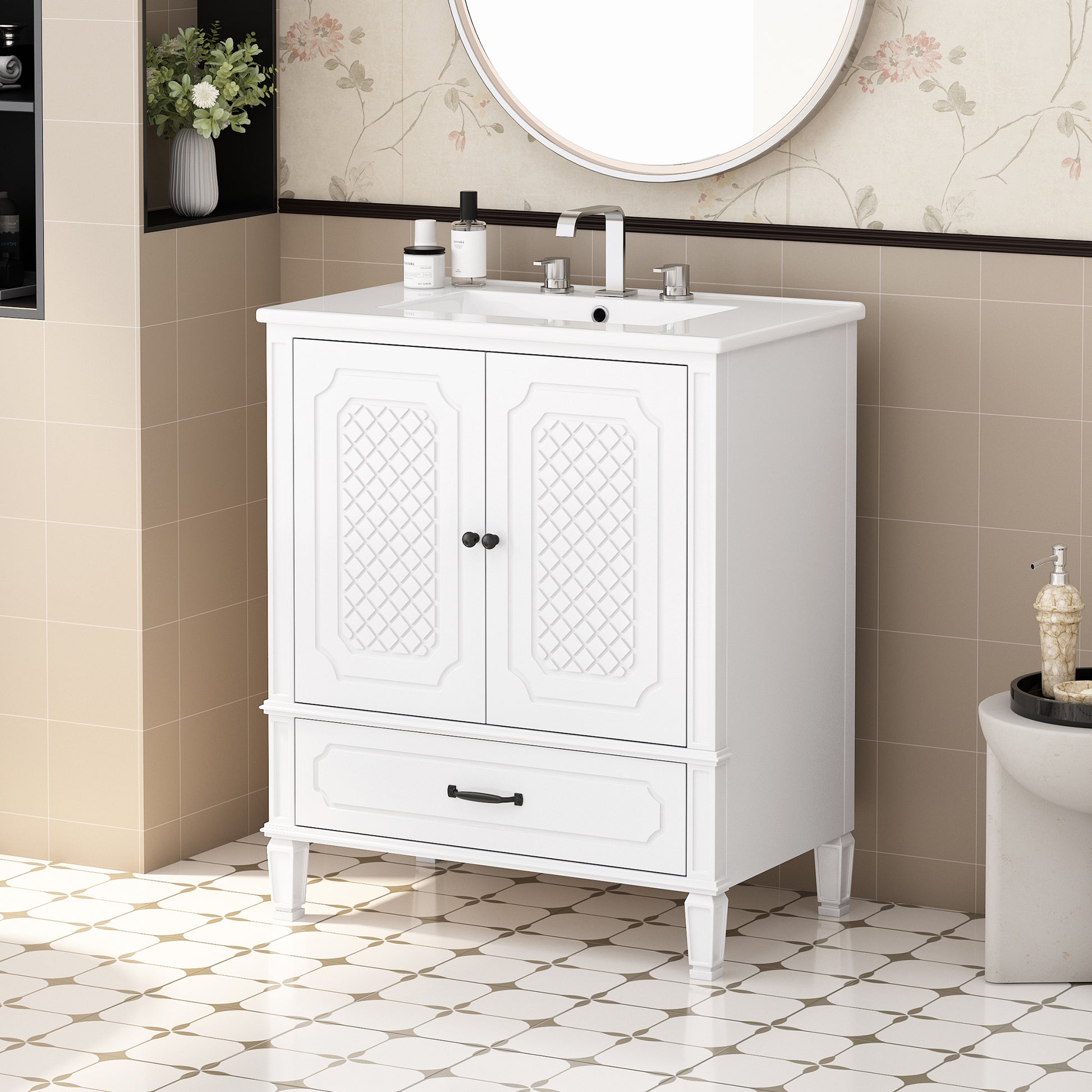 30" Bathroom Vanity With Sink Vintage Style, Multi Functional Storage Space, Door Shelf, Soft Closing Door, White White Acacia Wood,Ceramic Mdf