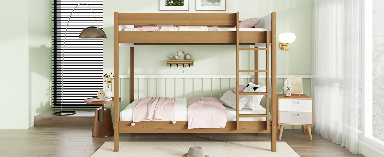 Twin Over Twin Bunk Bed, Upholstered Bunk Bed Frame With Ladder, Safety Guardrails,Rubber Wooden,Teddy Fleece Fabric Headboard Footboard ,Natural Twin Natural Rubber Wood