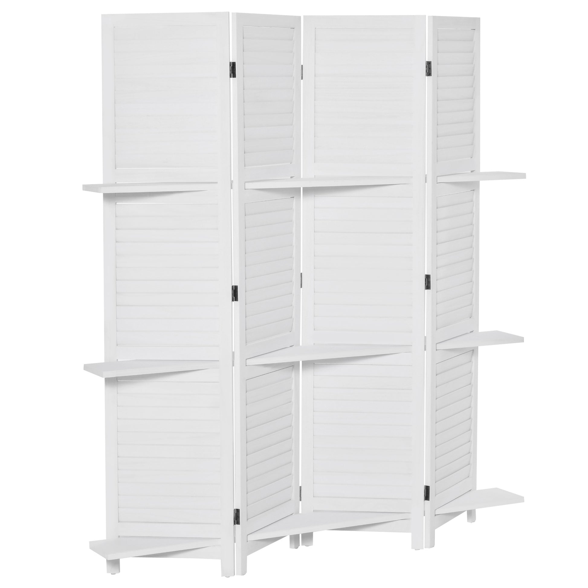 Homcom 4 Panel 67" Tall Wood Privacy Screen Room Divider With 3 Display Shelves, And Folding Storage For Bedroom Or Home Office, White White Wood