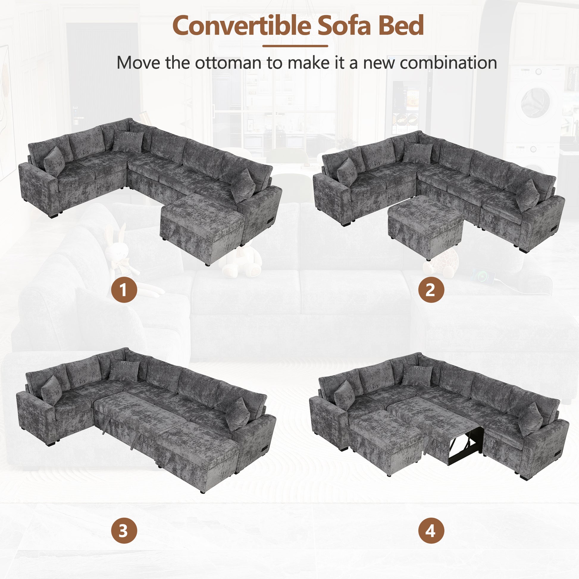 112.2" Sectional Sofa Pull Out Sofa Bed Sleeper With A Storage Ottoman,Three Pillows And Charging Devices For Living Room, Grey Grey Foam Chenille 6 Seat