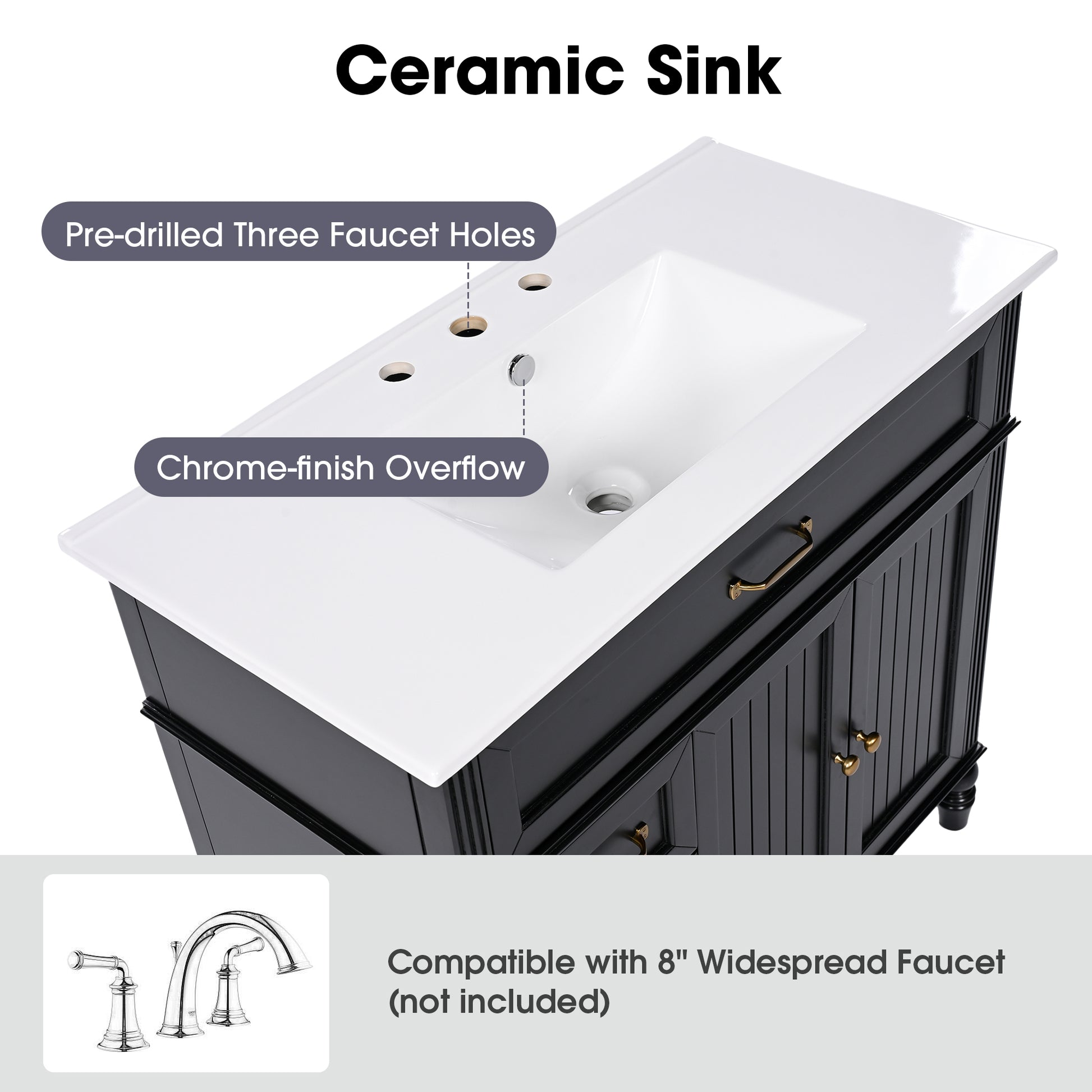 36" Bathroom Vanity With Sink, Black Bathroom Cabinet With Drawers, Solid Frame And Mdf Board, One Package Black Solid Wood Mdf