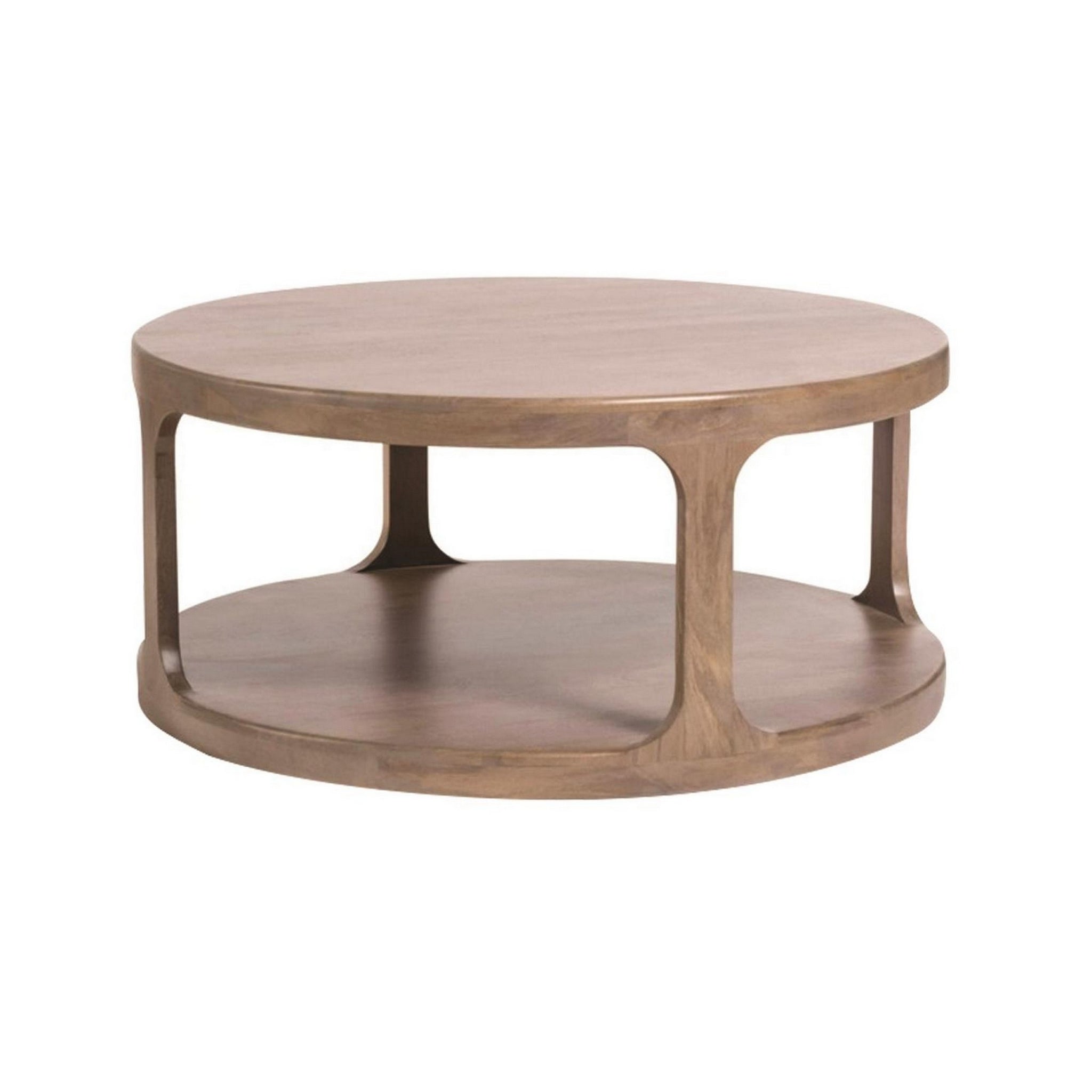 46 Inch Round Pillar Coffee Table With Shelf, Rough Hewn Distressed Brown Brown Wood