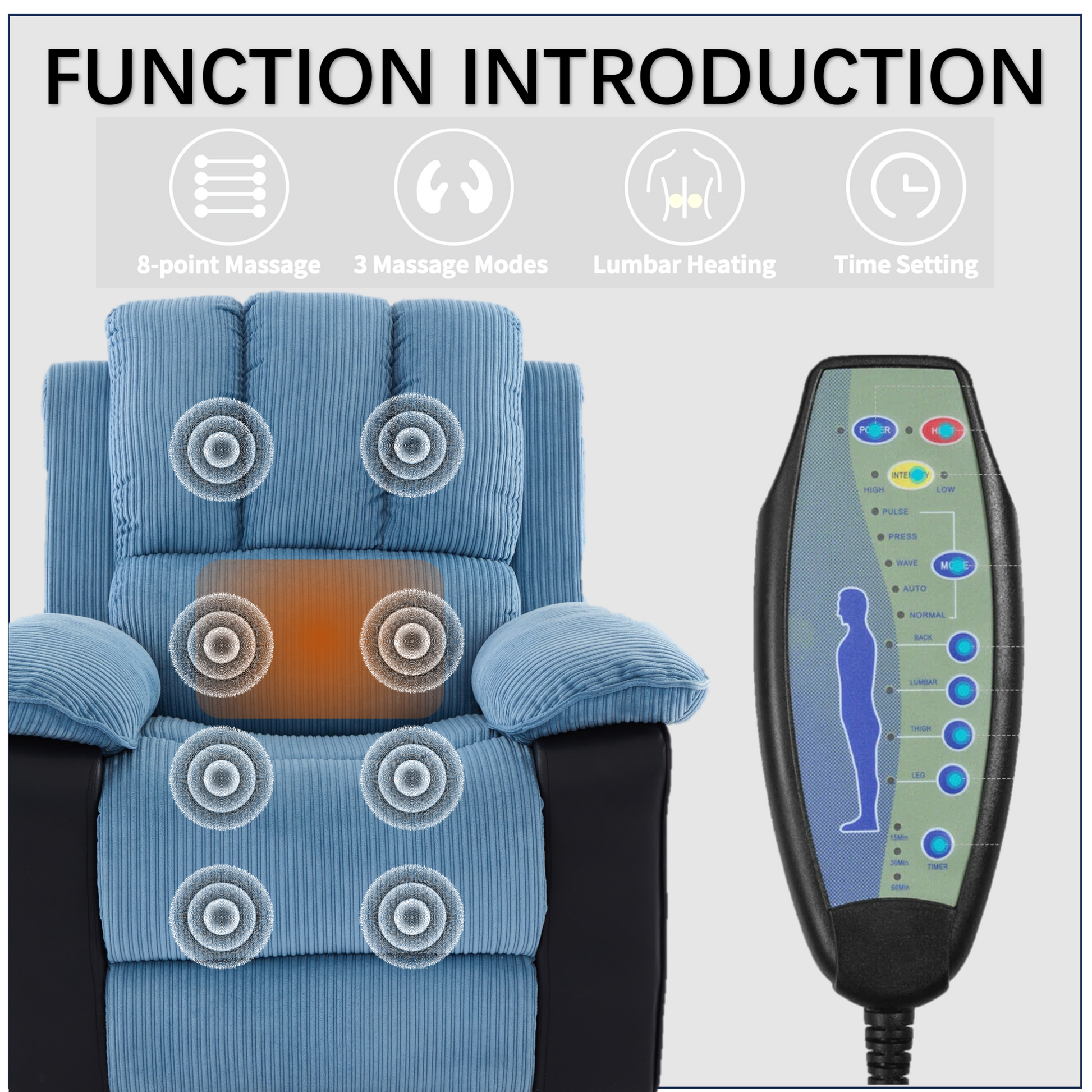 Recliner Chair With Heat And Vibrating Massage, Comfy Padded Overstuffed Soft Fabric Heated Recliner Blue And Black Black Blue Power Push Button Metal Primary Living Space Soft Cushion Back Heavy Duty Casual,Contemporary Push Button Pillow Top Arms Foam