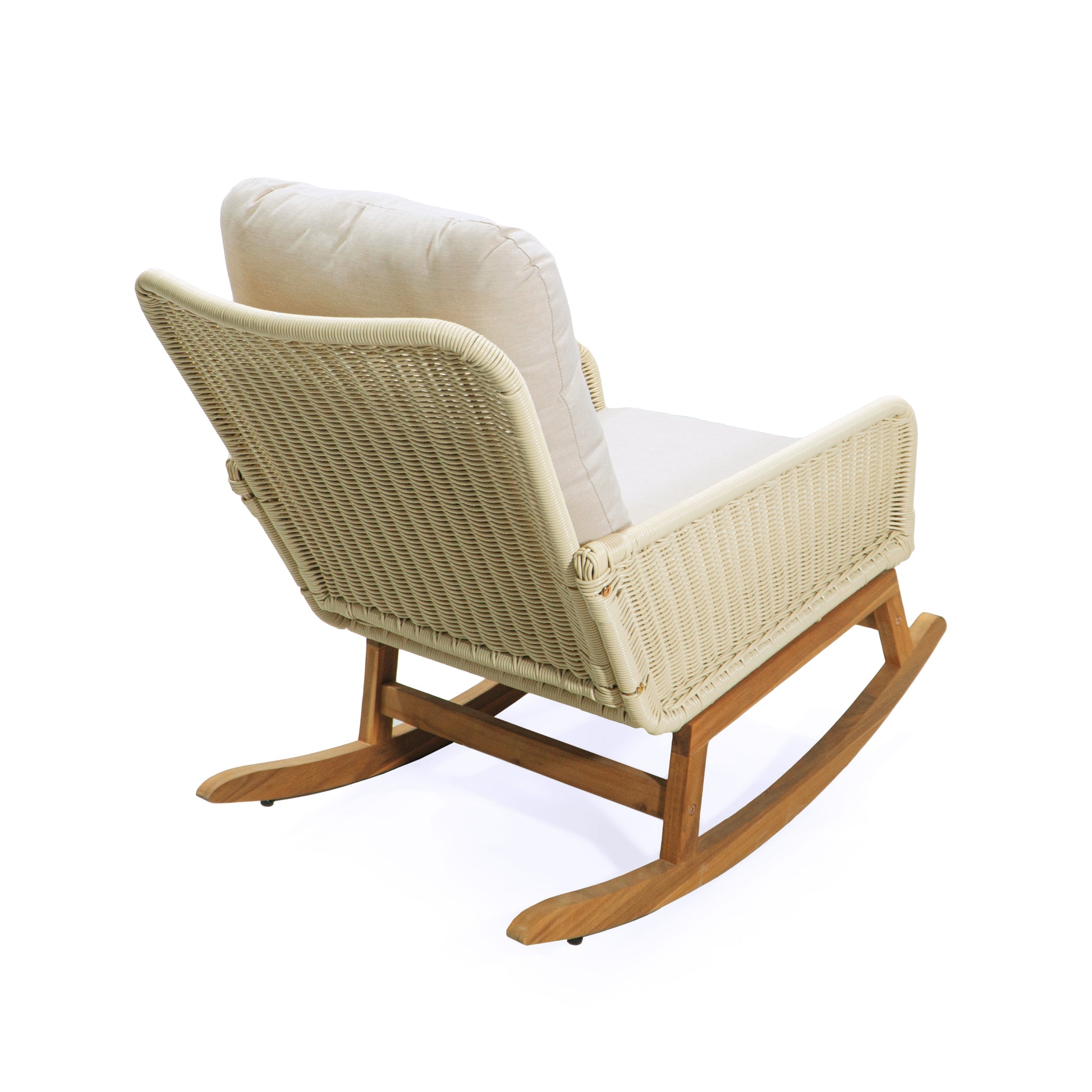 Contemporary Minimalist Ivory Wicker Rocking Chair With Soft Polyester Cushions And Durable Wooden Frame, Perfect For Indoor And Outdoor Spaces Like Patio, Balcony, Or Living Room Ivory Pe Rattan
