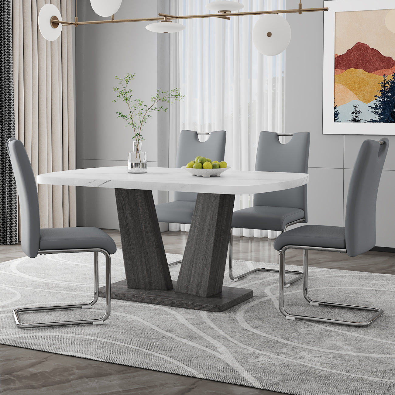 Dining Table Set For 4 6, 5 Piece Dining Table Set, Faux Marble Table Top And Modern Design Mdf Base With 4 Pu Leather Ergonomic Dining Chairs Metal Grey White Modern Mdf Metal