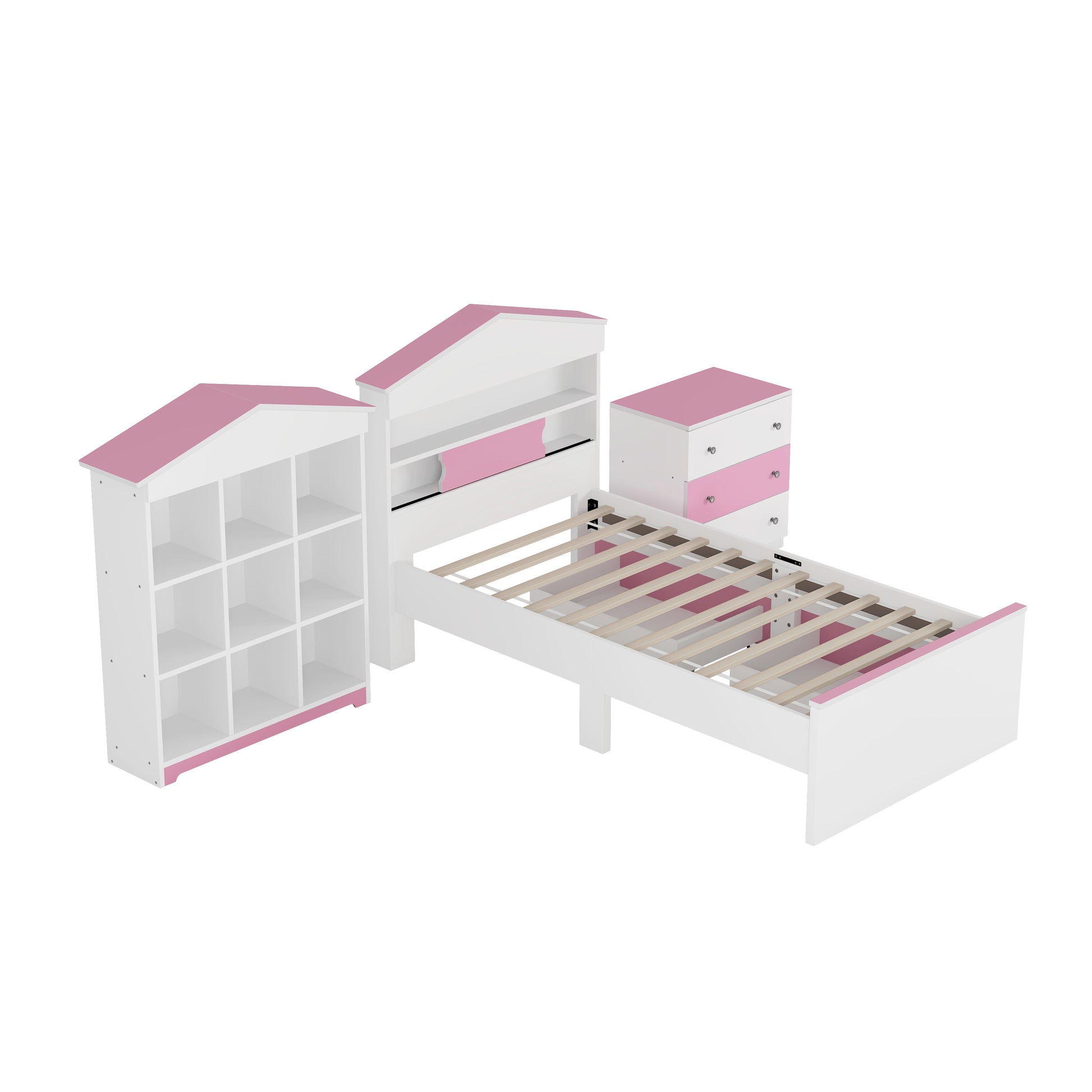 3 Pieces Bedroom Sets, Twin Size House Shaped Wooden Bed With Storage Drawers, Nightstand With Colorblock Design And House Shaped Stroage Rack, Pink White Twin White Pink 3 Piece Set Wood