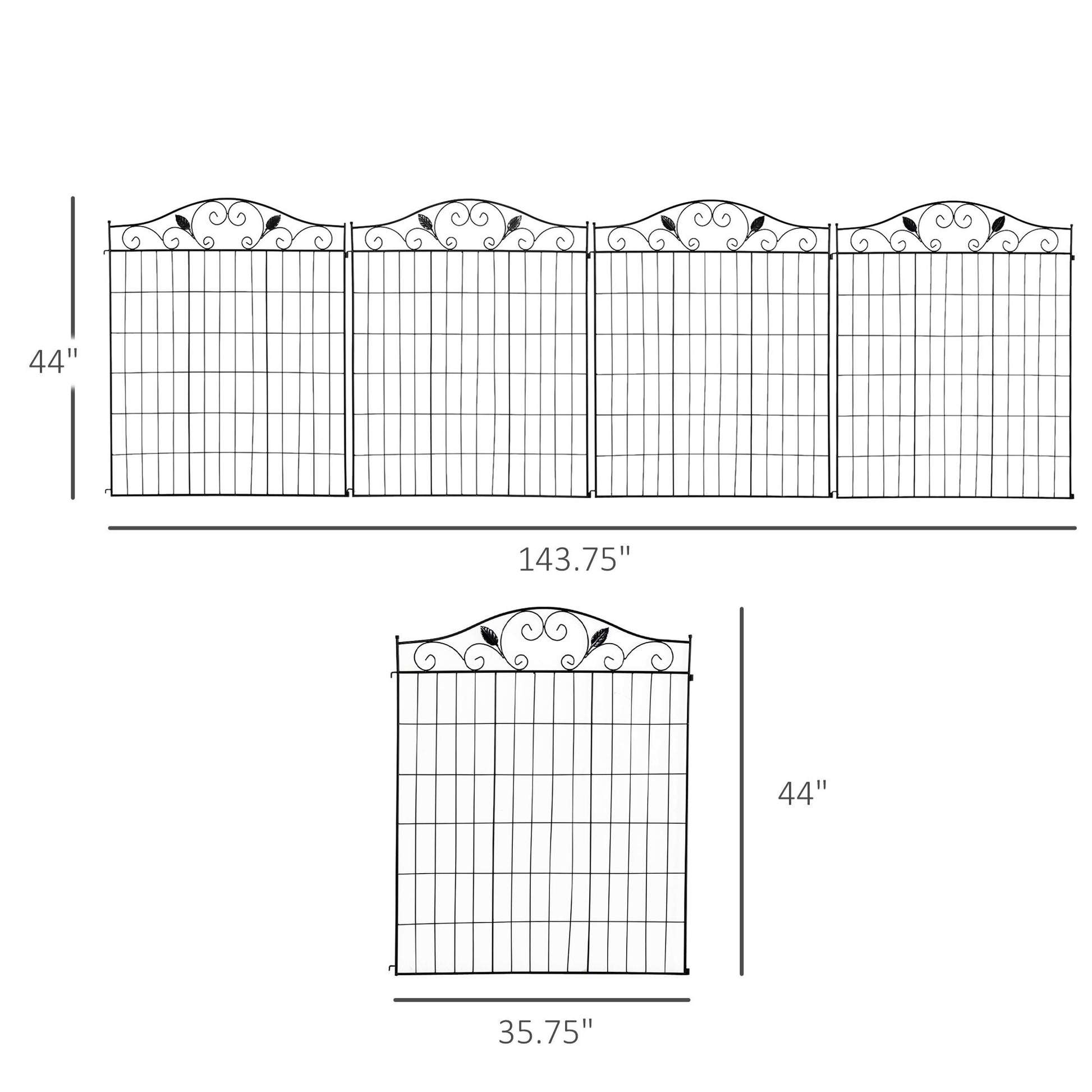 Outsunny Garden Decorative Fence Panel, 4 Pack, 44 X 36 Inch, Linear Length 12 Feet, Steel Border Folding Fence For Garden Landscaping Black Steel