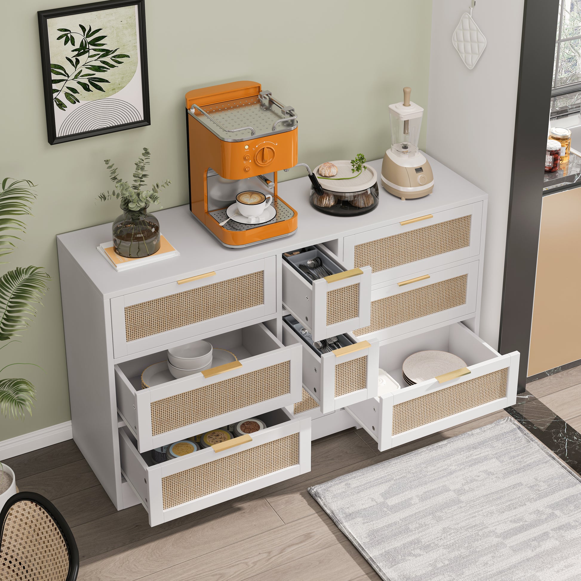 51.2 "Rattan Locker With Drawers, 9 Drawers, Metal Handles For Kitchen, Living Room, Bedroom White White Mdf