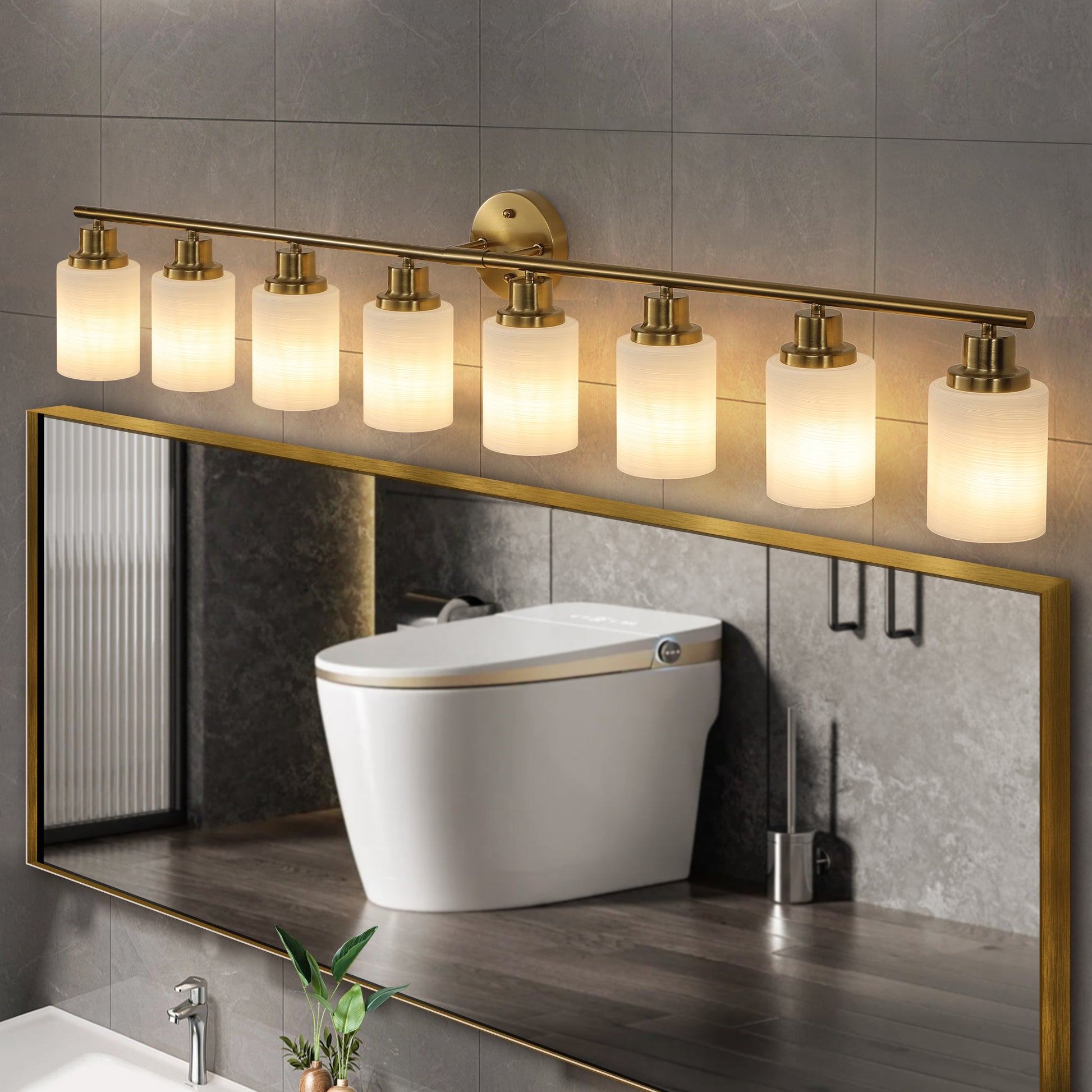 8 Light Golden Bathroom Vanity Light Fixture, Frosted Glass Shades, Modern Wall Mounted Lighting No Bulbs Golden Glass,Iron