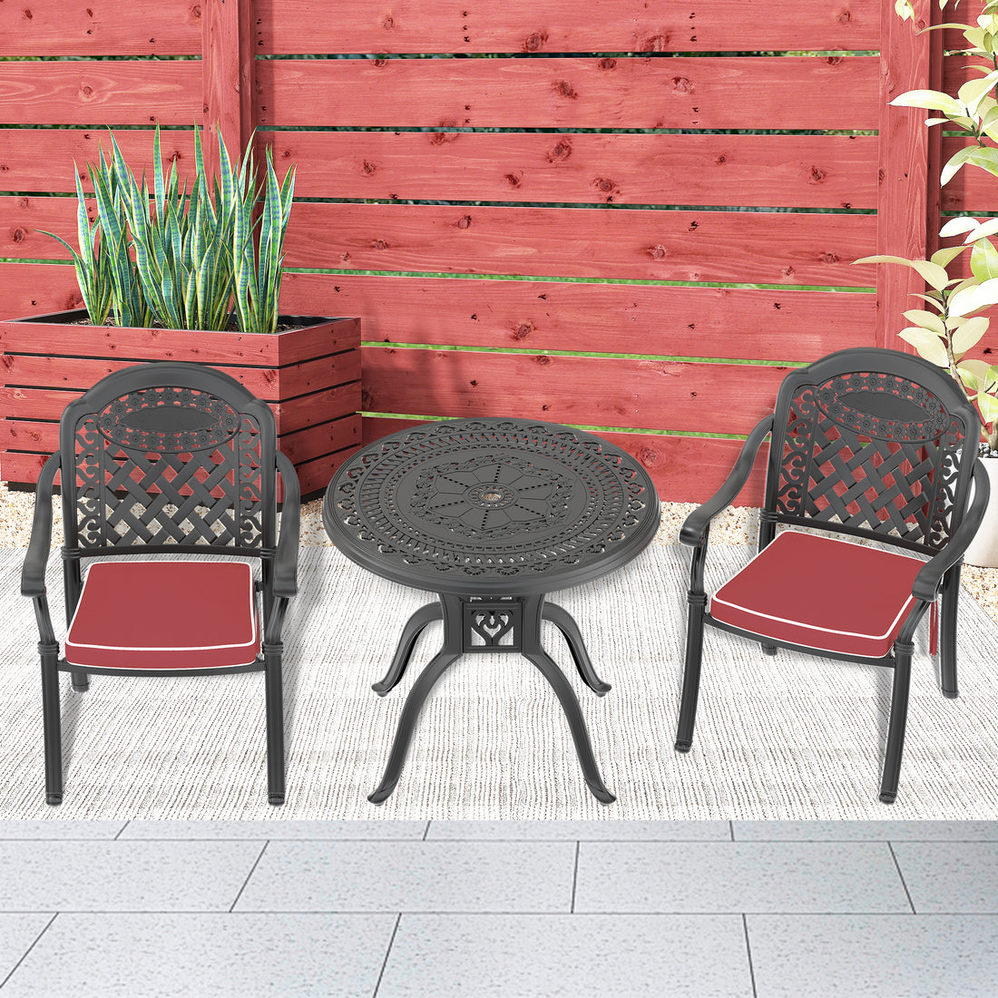 Cushions In Random Colors 3 Piece Set Of Cast Aluminum Patio Furniture With Cushions Yes Complete Patio Set Black Seats 2 Rust Resistant Frame Water Resistant Cushion Garden & Outdoor Complete Patio