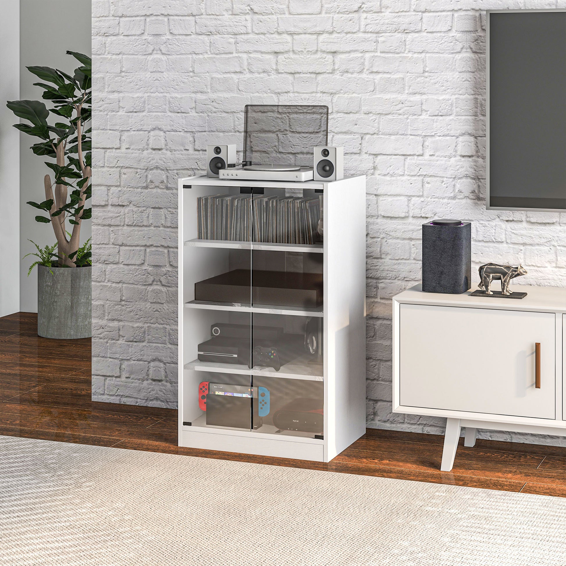 Homcom Media Cabinet, 4 Tier Stereo Cabinet, Modern Audio Video Media Stand With Adjustable Shelves, Tempered Glass Doors, And Cable Management, Distressed White White Mdf