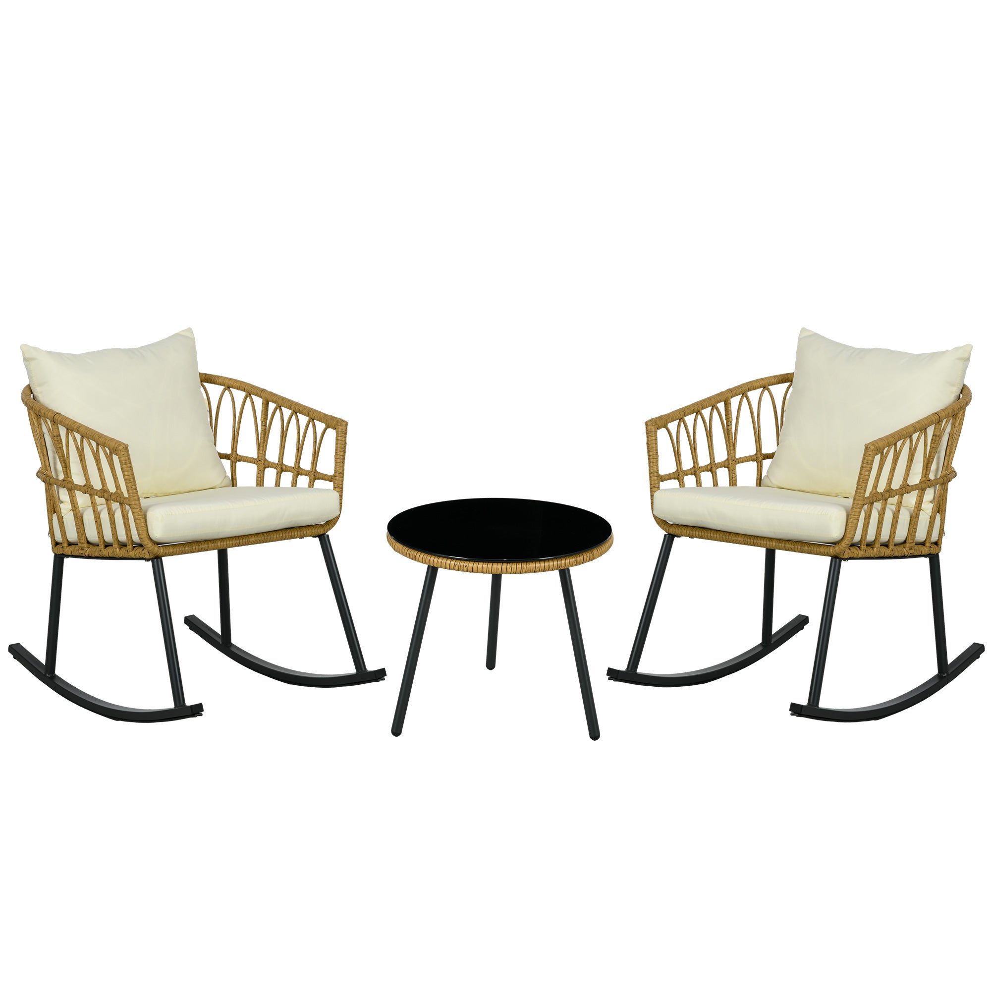 Outsunny 3 Piece Bistro Set With Cushions, Outdoor Pe Rattan Wicker Patio Rocking Chair With 2 Porch Rocker Chairs, Glass Top Coffee Table Patio Conversation Set, Cream White Cream Brown Steel