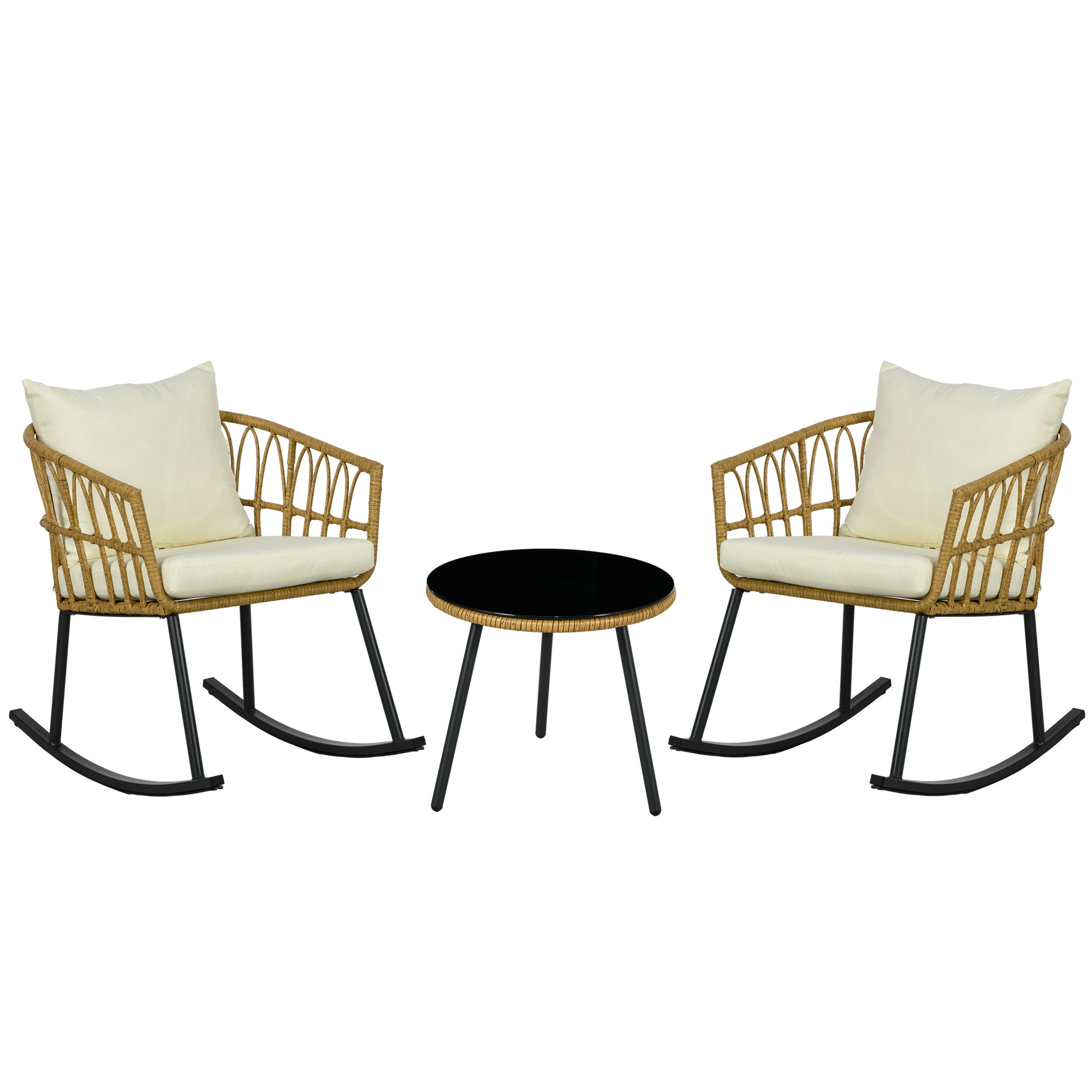 Outsunny 3 Piece Bistro Set With Cushions, Outdoor Pe Rattan Wicker Patio Rocking Chair With 2 Porch Rocker Chairs, Glass Top Coffee Table Patio Conversation Set, Cream White Cream Brown Steel