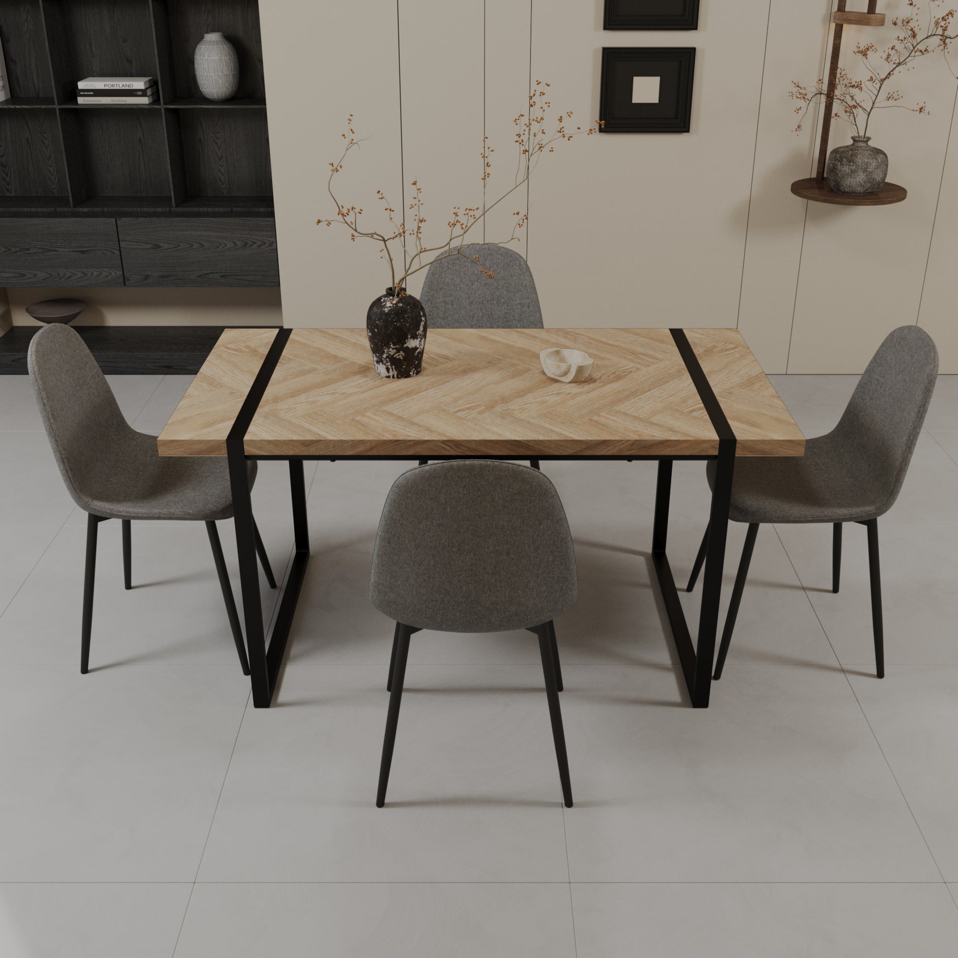 59" Mdf Light Wood Dining Table And Modern Dining Chair Set Of 4 Pieces, Medieval Wooden Kitchen Dining Table Set, Black Rectangular Metal Base, Dining Table And Suede Chair Set Grey Brown Mdf