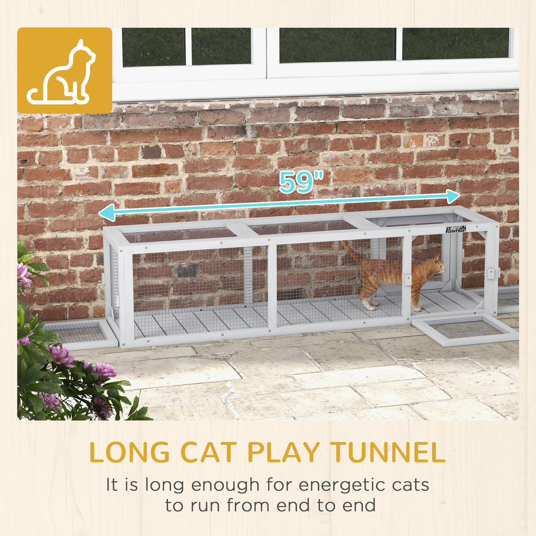 Pawhut Outdoor Cat Tunnel With Extendable Design, 59" L Wooden Cat Run With Weather Protection, Connecting Inside And Outside, For Deck Patios, Balconies, Light Gray Light Grey Wood