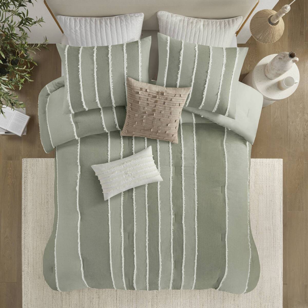 3 Piece Striped Cotton Comforter Set Sage King Cal King Sage Cotton
