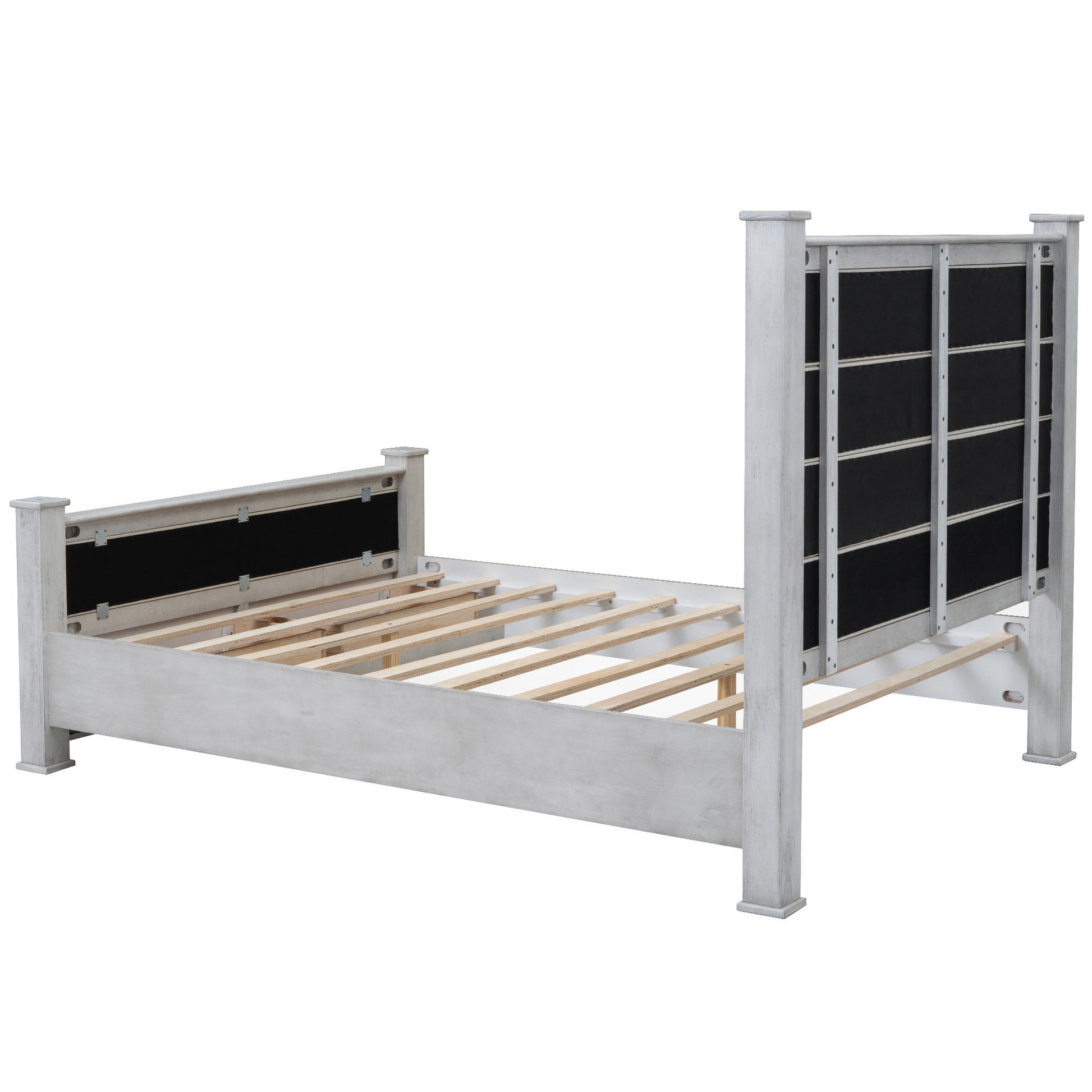 Queen Size Wood Frame Platform Bed With Upholstered Headboard, Footboard And 2 Drawers, Antique White Box Spring Not Required Queen Antique White Wood Bed Frame Solid Wood Mdf