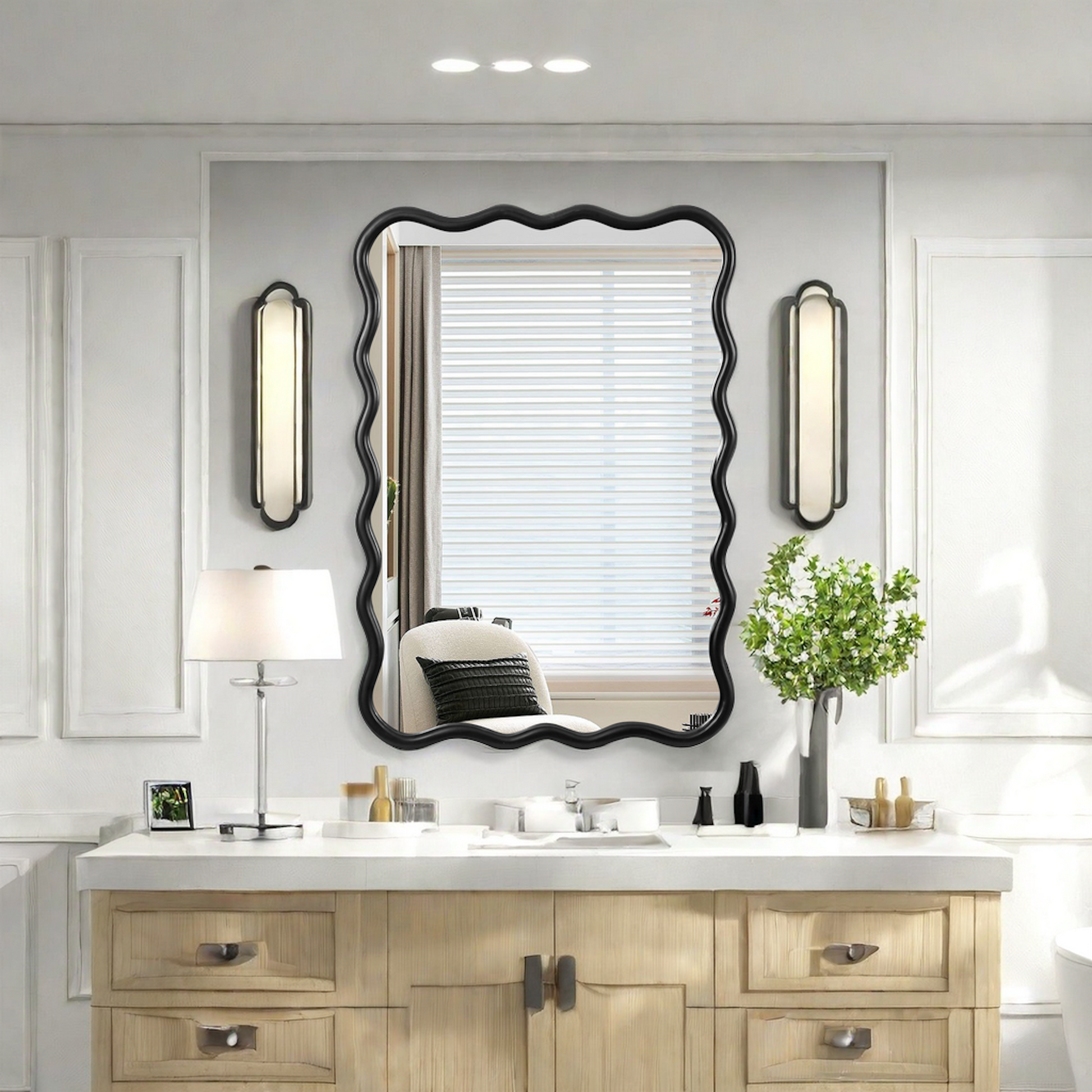 Solid Wood Wavy Rectangle Mirror Black 40" X 28" Modern Mirror Wall Decor For Bathroom, Bedroom, Living Room, Dining Room, Cloakroom, Entryway Antique Black Glass Solid Wood
