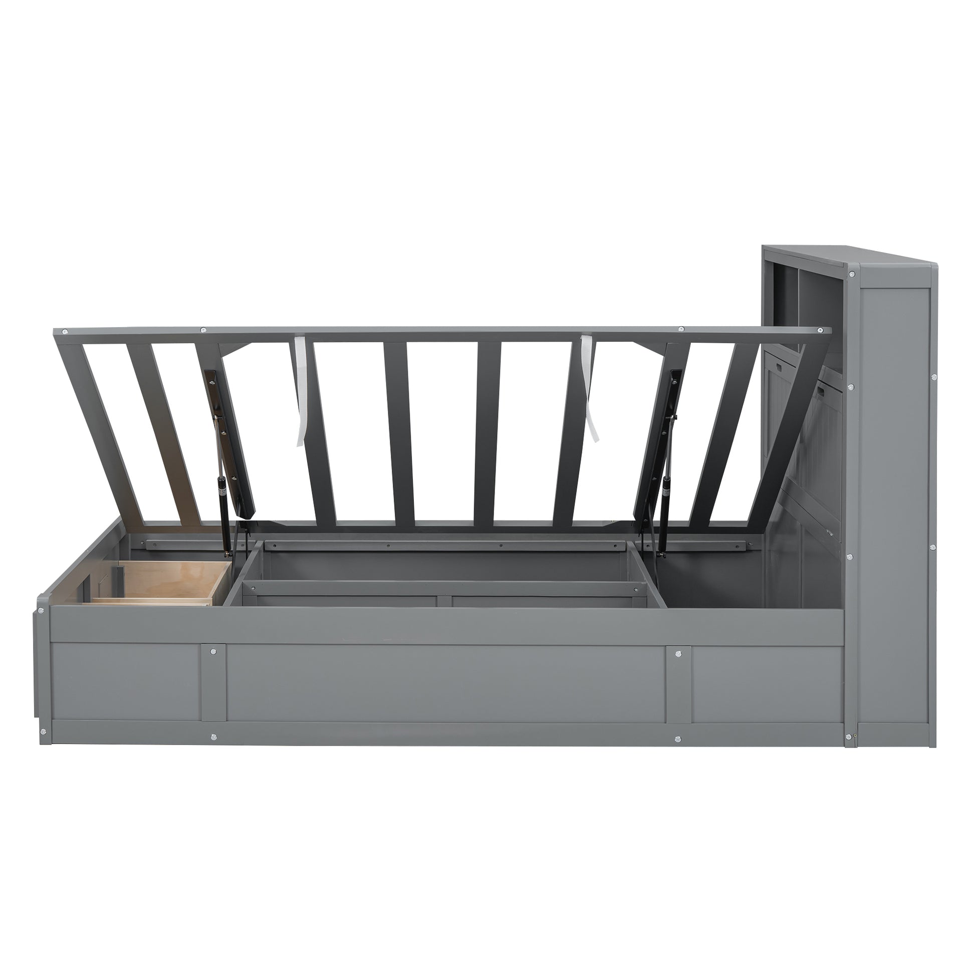 Wood Queen Size Hydraulic Platform Bed With Storage Led Headboard, Charging Station And 2 Drawers, Gray Box Spring Not Required Queen Gray Wood Bedroom Bed Frame Solid Wood Mdf