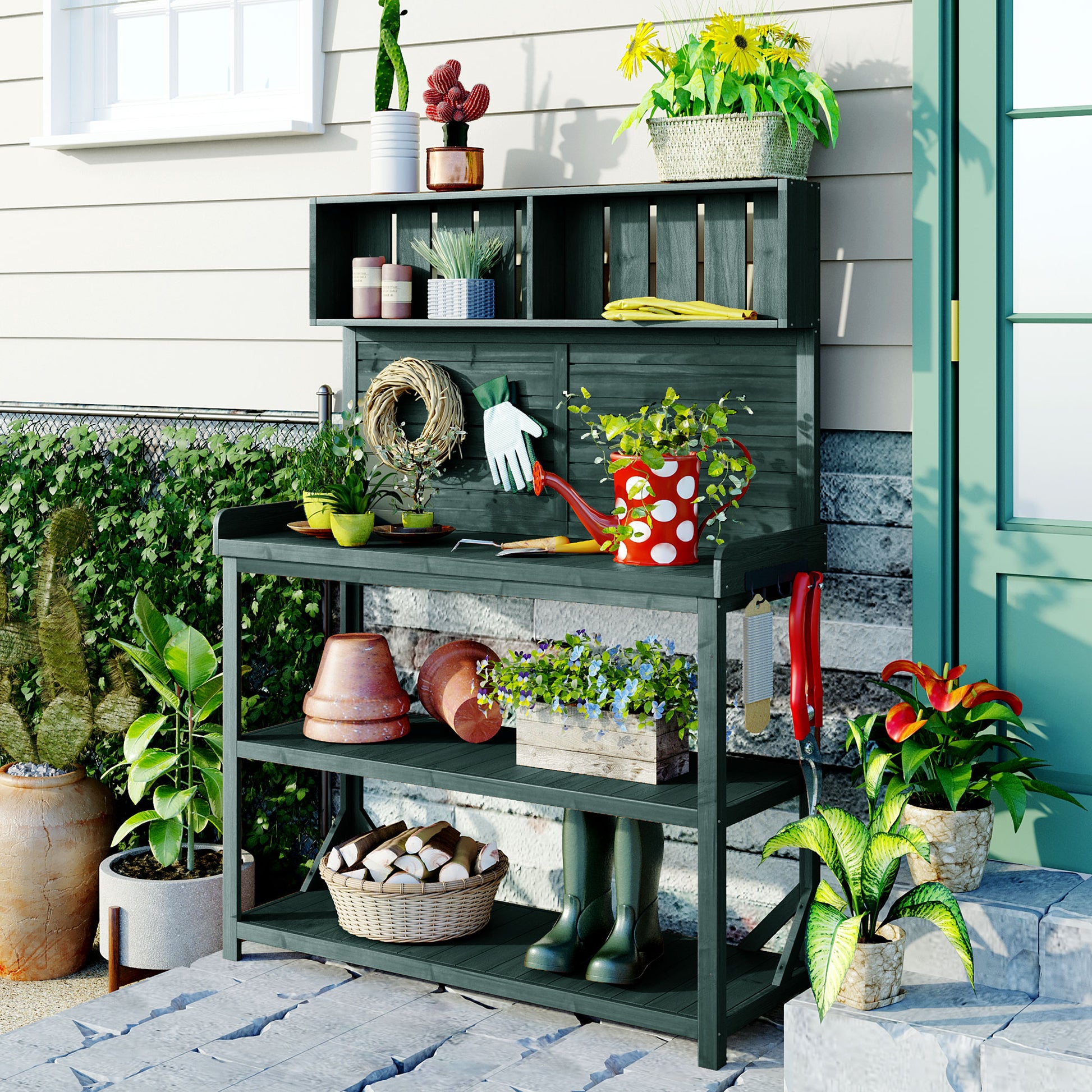 65" Large Wooden Farmhouse Rustic Outdoor Potting Bench Table, Patio Workstation, Garden Potting Bench With 4 Storage Shelves And Side Hook, Forest Green Green Garden & Outdoor Casual Wood Solid