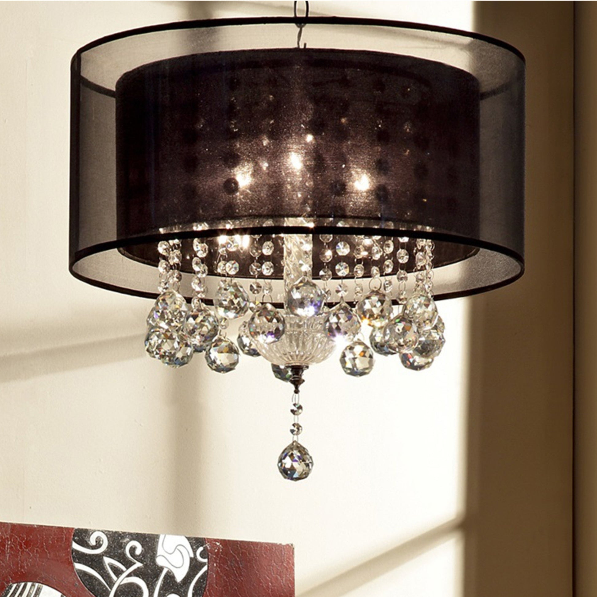 19" Tall Ceiling Lamp "Effleurer", Silver And Crystal Accents, Black Shade Multicolor Metal