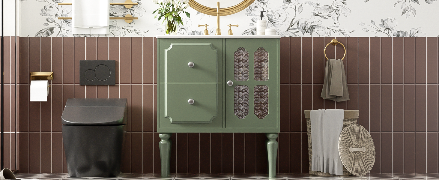 Retro Style 30'' Bathroom Vanity With Resin Sink Combo, Freestanding Single Vanity With 2 Drawers, Solid Wood Frame Bathroom Storage Cabinet, Green Green Bathroom Retro Solid Wood Mdf Resin