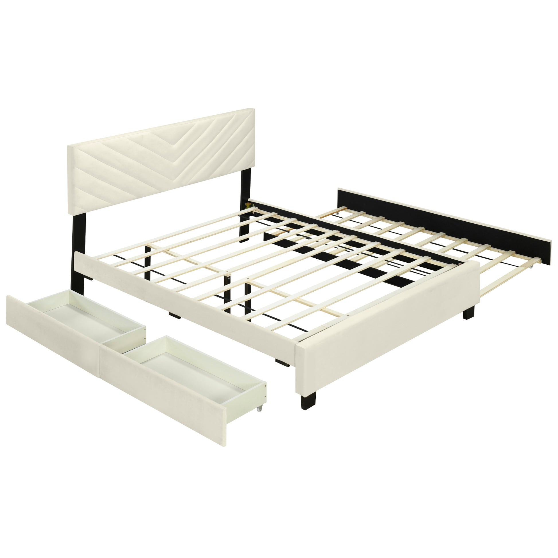 Queen Size Upholstered Platform Bed With Twill Headboard, Pullout Bed And Two Drawers, Flannel, Beige Queen Beige Mdf Lvl