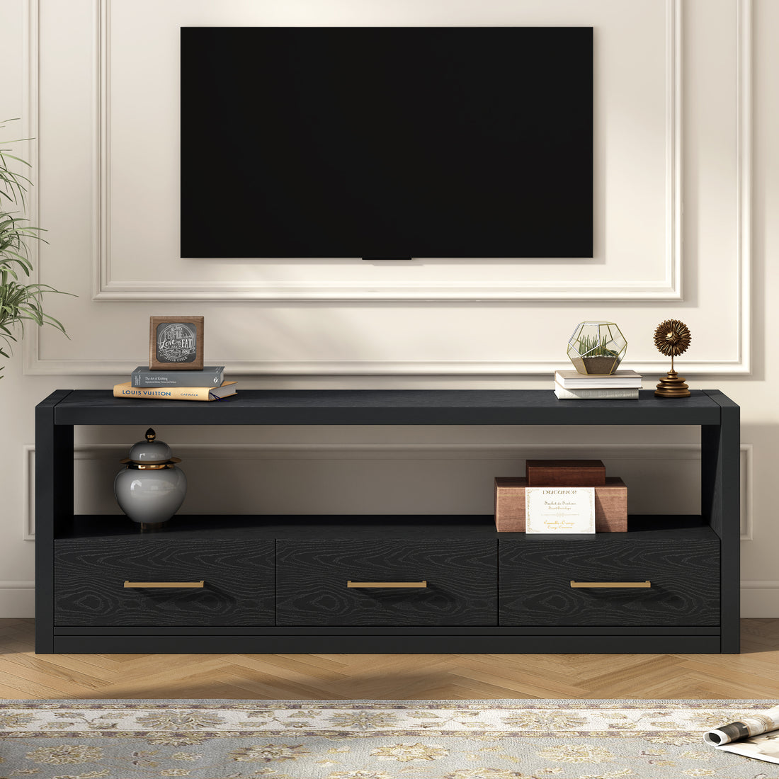 Mirod Stylish Tv Stand With Large Storage,Classic Design With Three Drawers And Spacious Surface,Minimalist Metal Handles,Versatile As Tv Console Or Side Cabinet Black 70 79 Inches Mdf