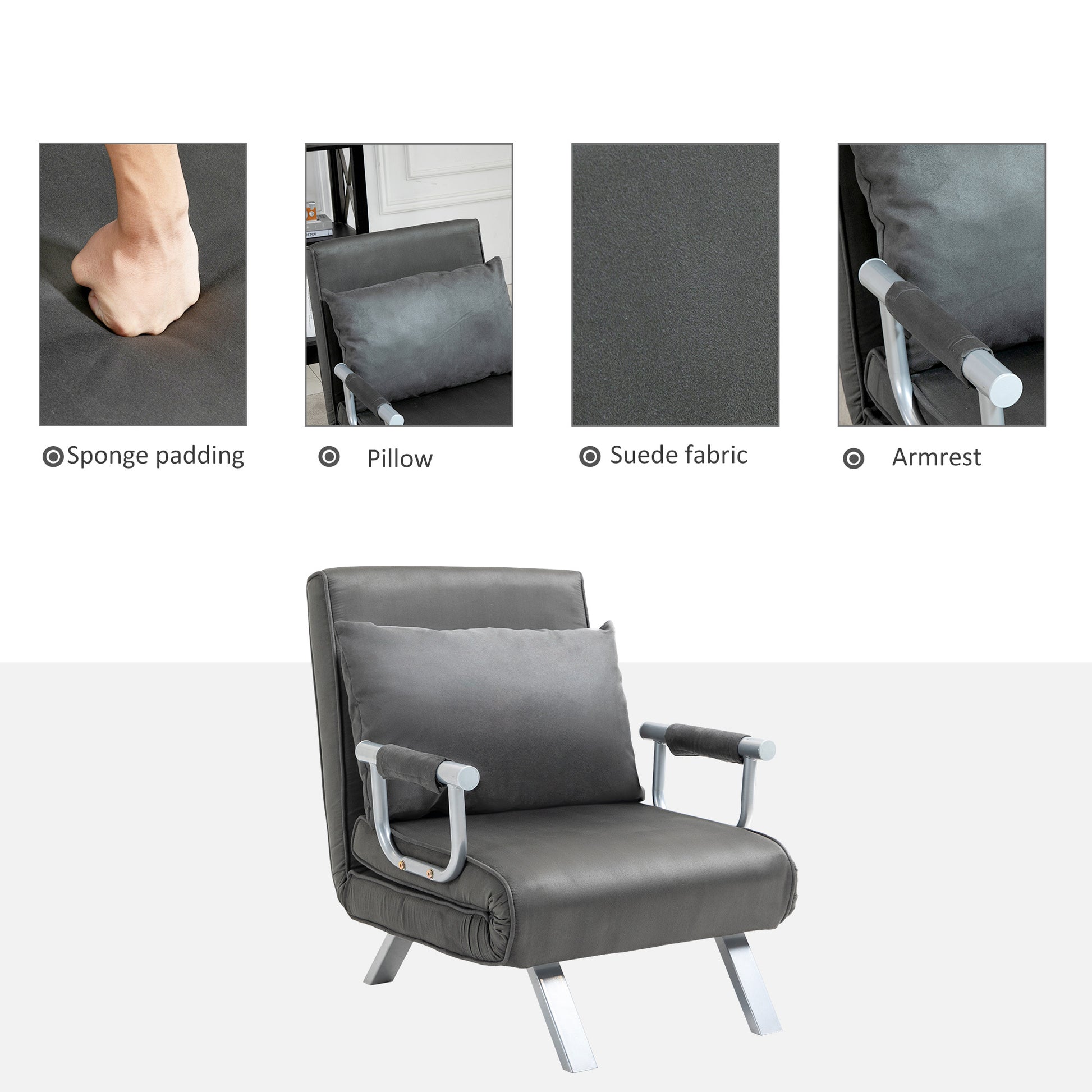 Homcom Single Person Folding 5 Position Convertible Sofa Bed Sleeper Chair Chaise Lounge Couch W Pillow & Steel Frame, Dark Grey Dark Grey Fabric
