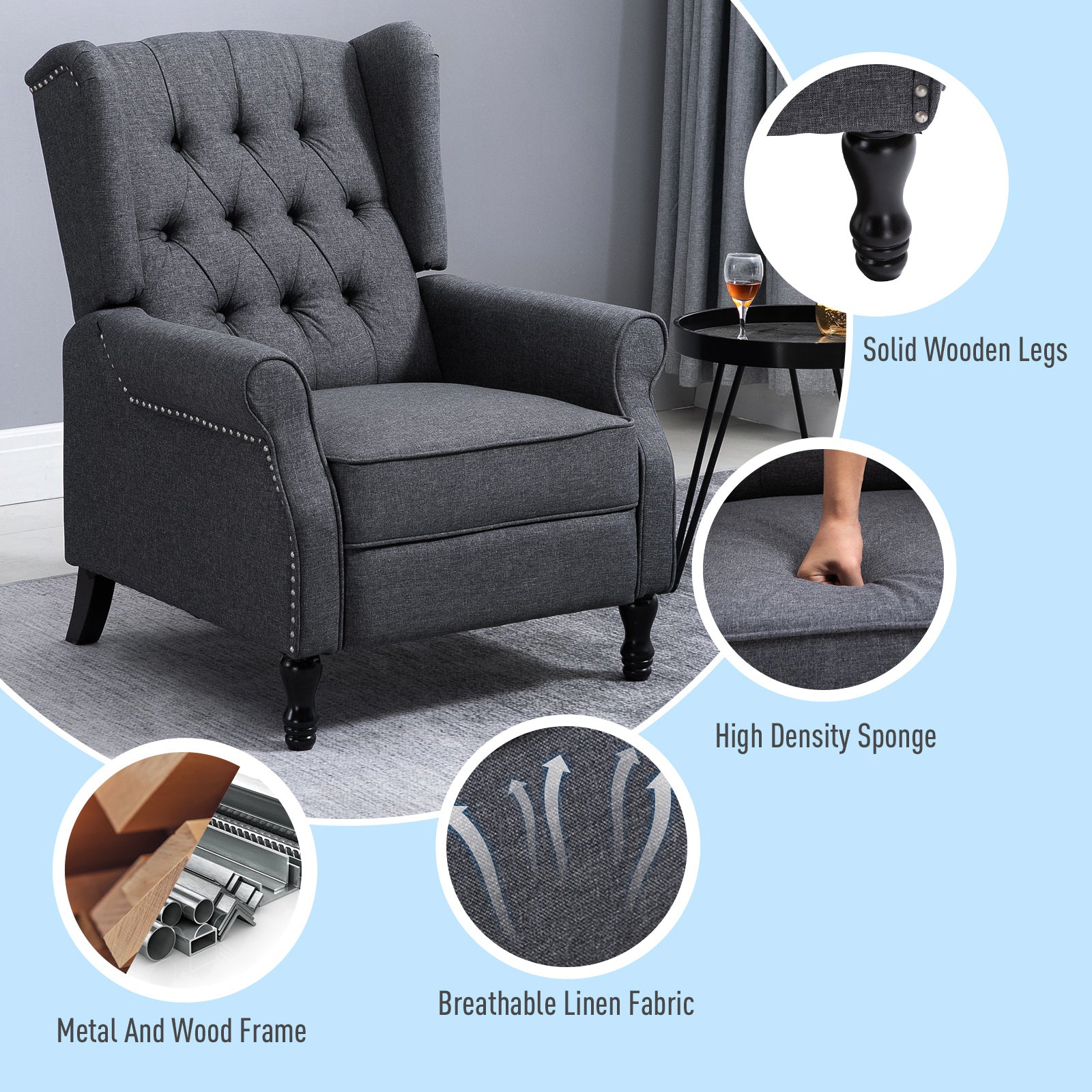 Homcom Fabric Upholstered Wingback Recliner, Tufted Push Back Accent Chair, Linen Arm Chair With Footrest, Armrest, Padded Cushion, Dark Grey Grey Metal