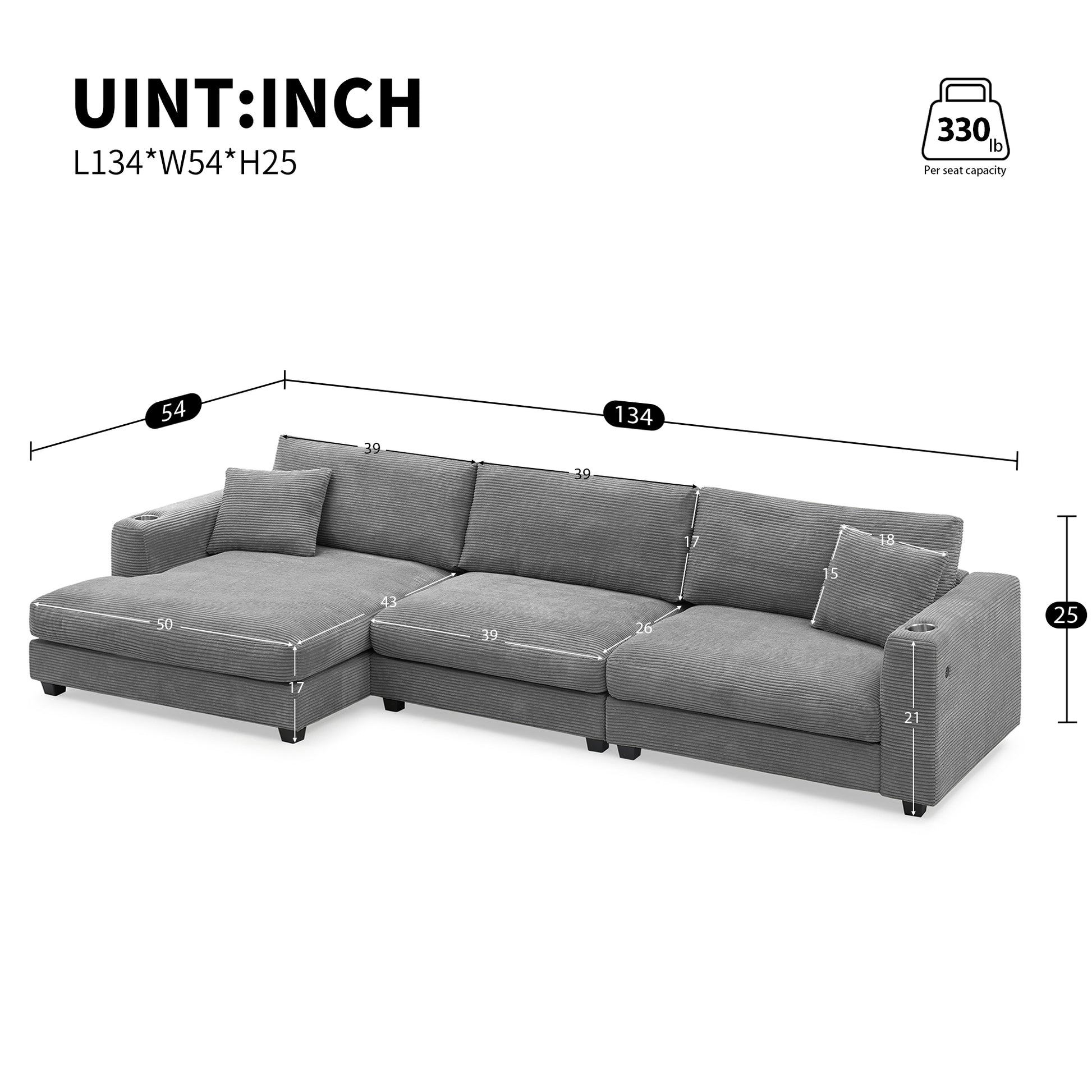 134*54"Oversized Corduroy Sectional Sofa,L Shaped Cloud Couch With Usb Charging Port,Cup Holder,Deep Seat Sofa Bed With 50" Chaise,Comfy Indoor Furniture For Living Room,3 Colors Gray Corduroy 4 Seat