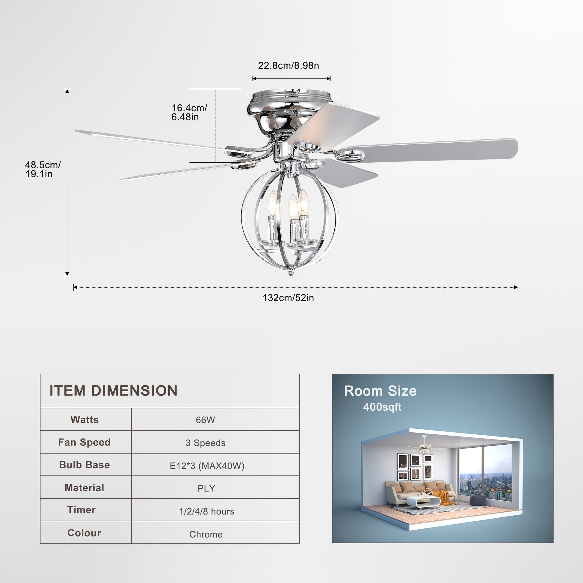 5 Blade 52 Inch Chrome Ceiling Fan With 3 Light No Include Bulb Chandelier Remote Controlled Chrome American Design,American Traditional,Farmhouse,Rustic,Vintage Plywood Iron