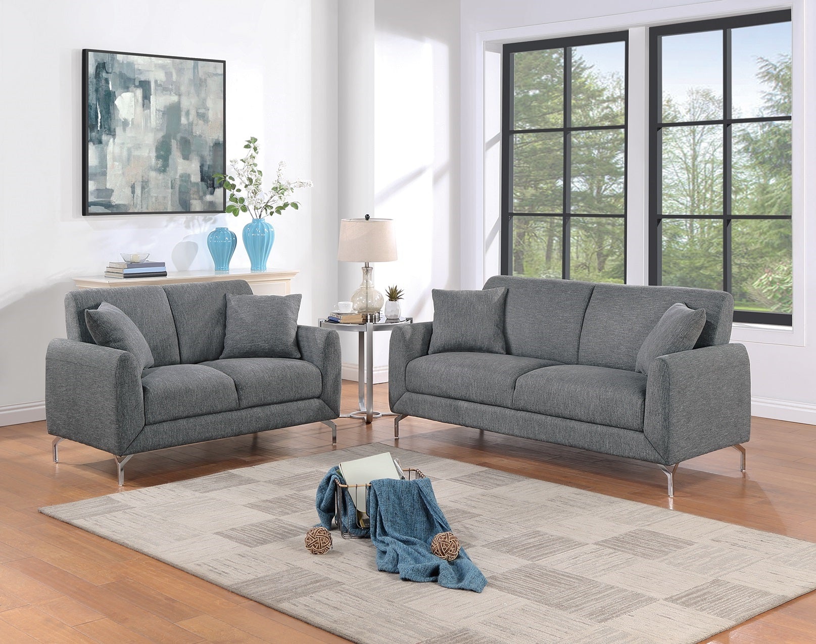 Elegant 2Pc Sofa Set Dark Gray Burlap Like Fabric Sofa Loveseat W Pillows Cozy Design Plush Couch Living Room Dark Gray Primary Living Space Cushion Back Classic,Contemporary,Modern Rubberwood Burlap,Metal,Plywood,Solid Wood 4 Seat