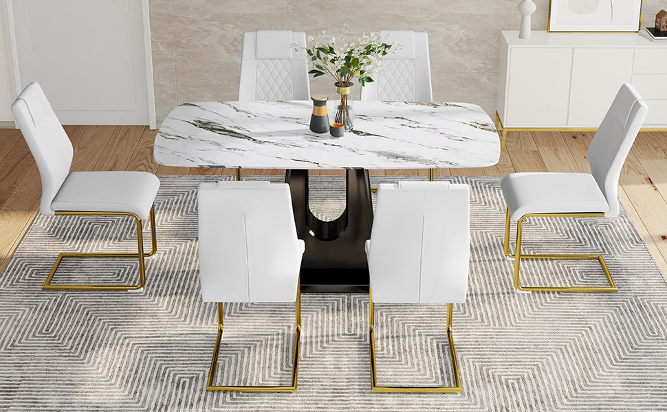 Table And Chair Set, Modern And Minimalist Dining Table, Imitation Marble Patterned Tabletop, Mdf Legs With U Shaped Brackets. Paired With Comfortable Chairs, Suitable For Dining And Living Rooms. Black Gold Mdf Glass