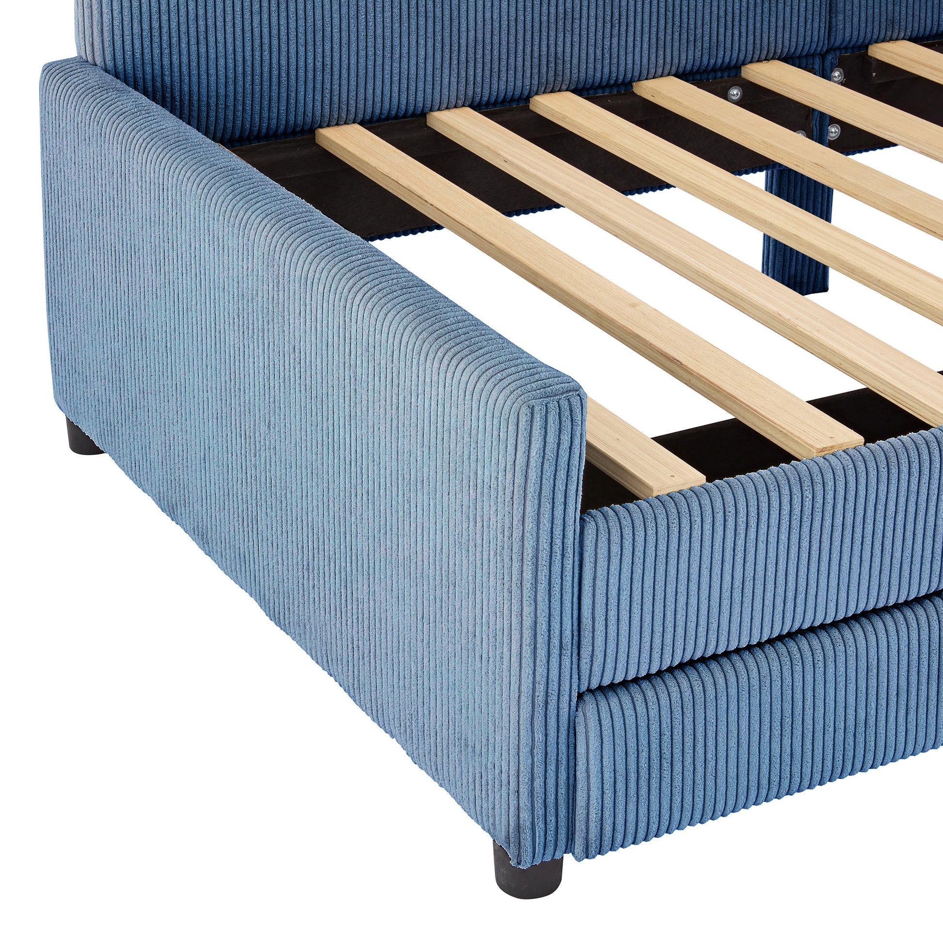 Twin Size L Shaped Corduroy Daybed,Upholstered Bed Frame With 2 Storage Drawers,Blue Twin Blue Wood Fabric