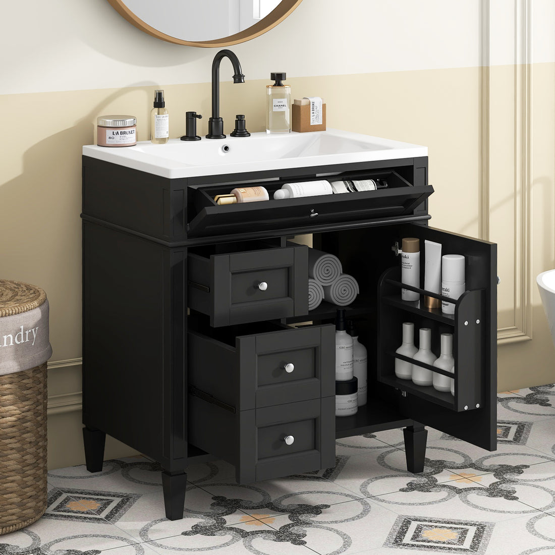30'' Bathroom Vanity With Top Sink, Modern Bathroom Storage Cabinet With 2 Drawers And A Tip Out Drawer, Single Sink Bathroom Vanity Black Bathroom Solid Wood Mdf