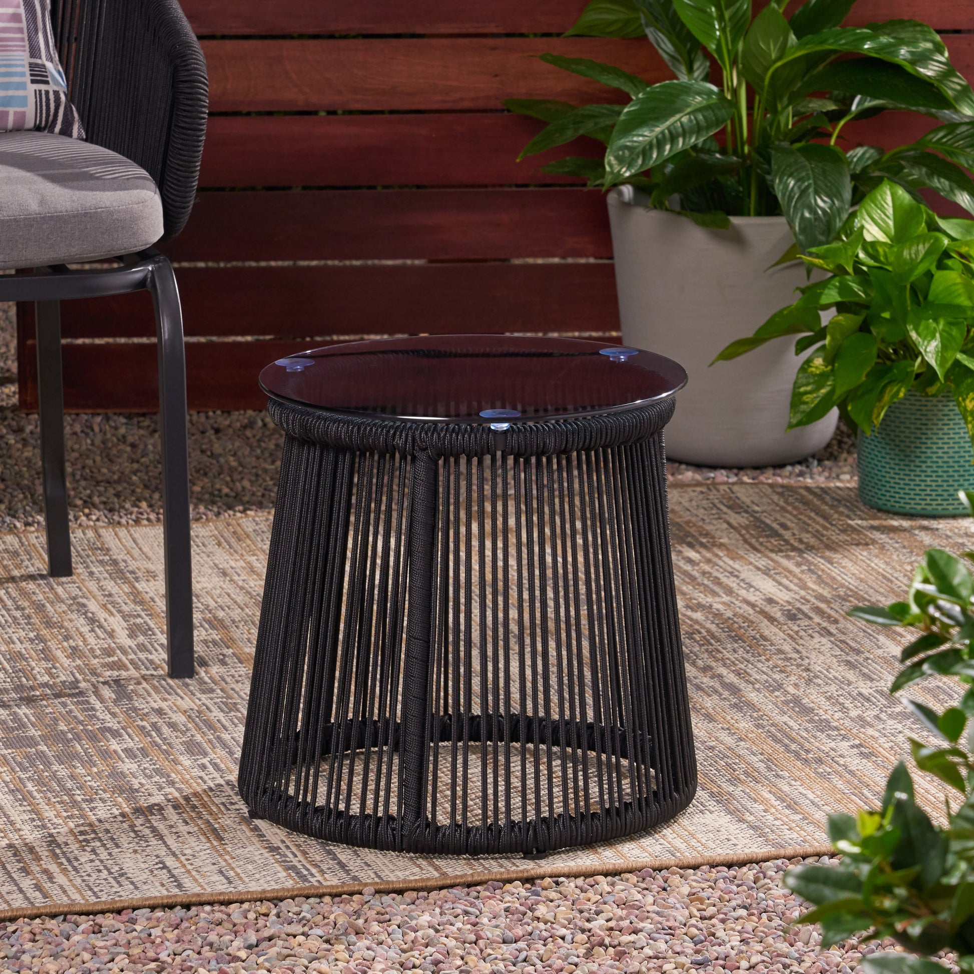 Moonstone Side Table Black Woven Rope