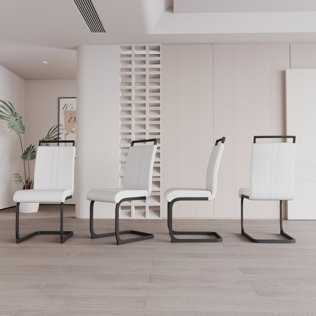 Modern Dining Chairs,Pu Faux Leather High Back Upholstered Side Chair With C Shaped Tube. Black Metal Legs For Dining Room Kitchen Vanity Patio Club Guest Office Chair Set Of 4 White Pu White Foam Pu
