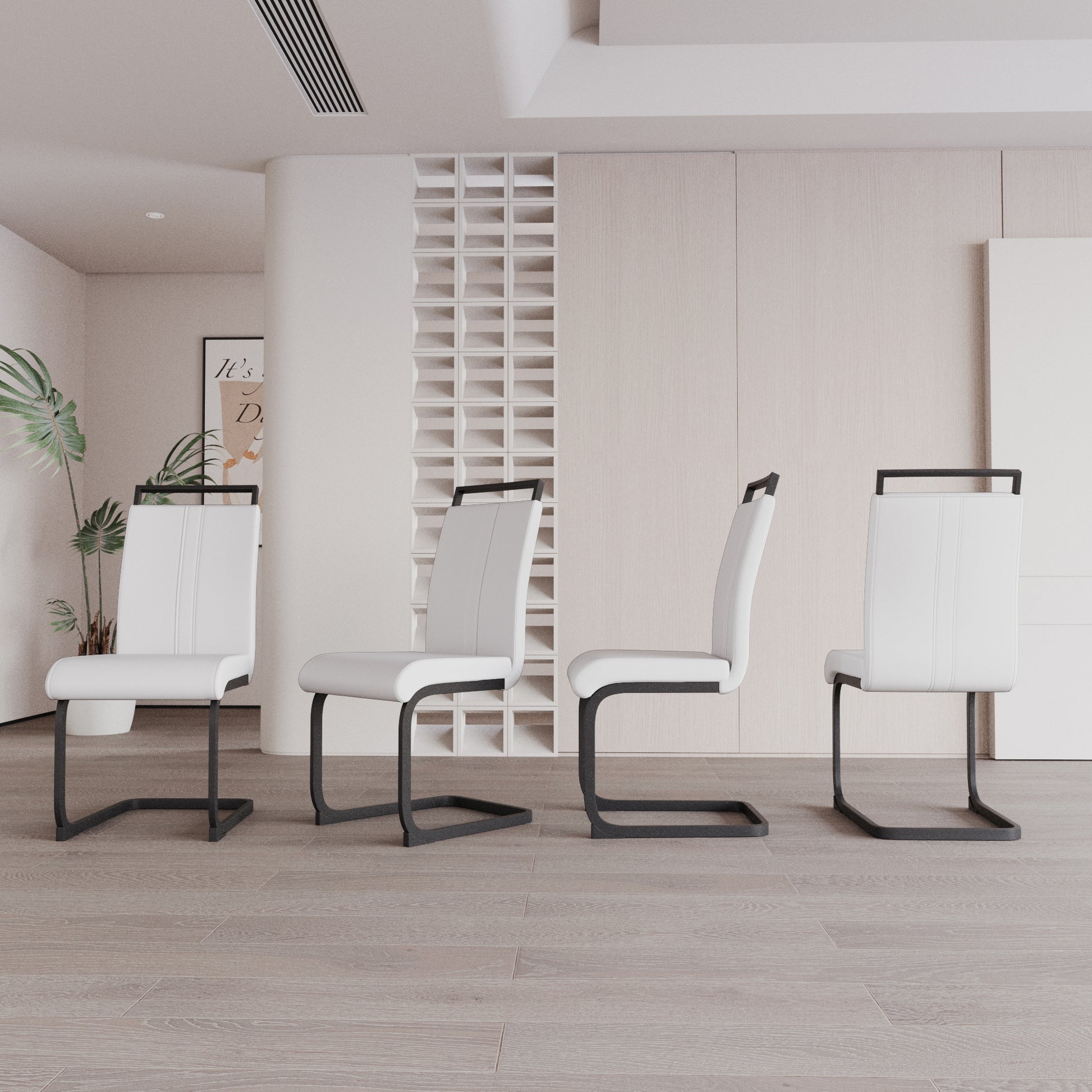 Modern Dining Chairs,Pu Faux Leather High Back Upholstered Side Chair With C Shaped Tube. Black Metal Legs For Dining Room Kitchen Vanity Patio Club Guest Office Chair Set Of 4 White Pu White Foam Pu