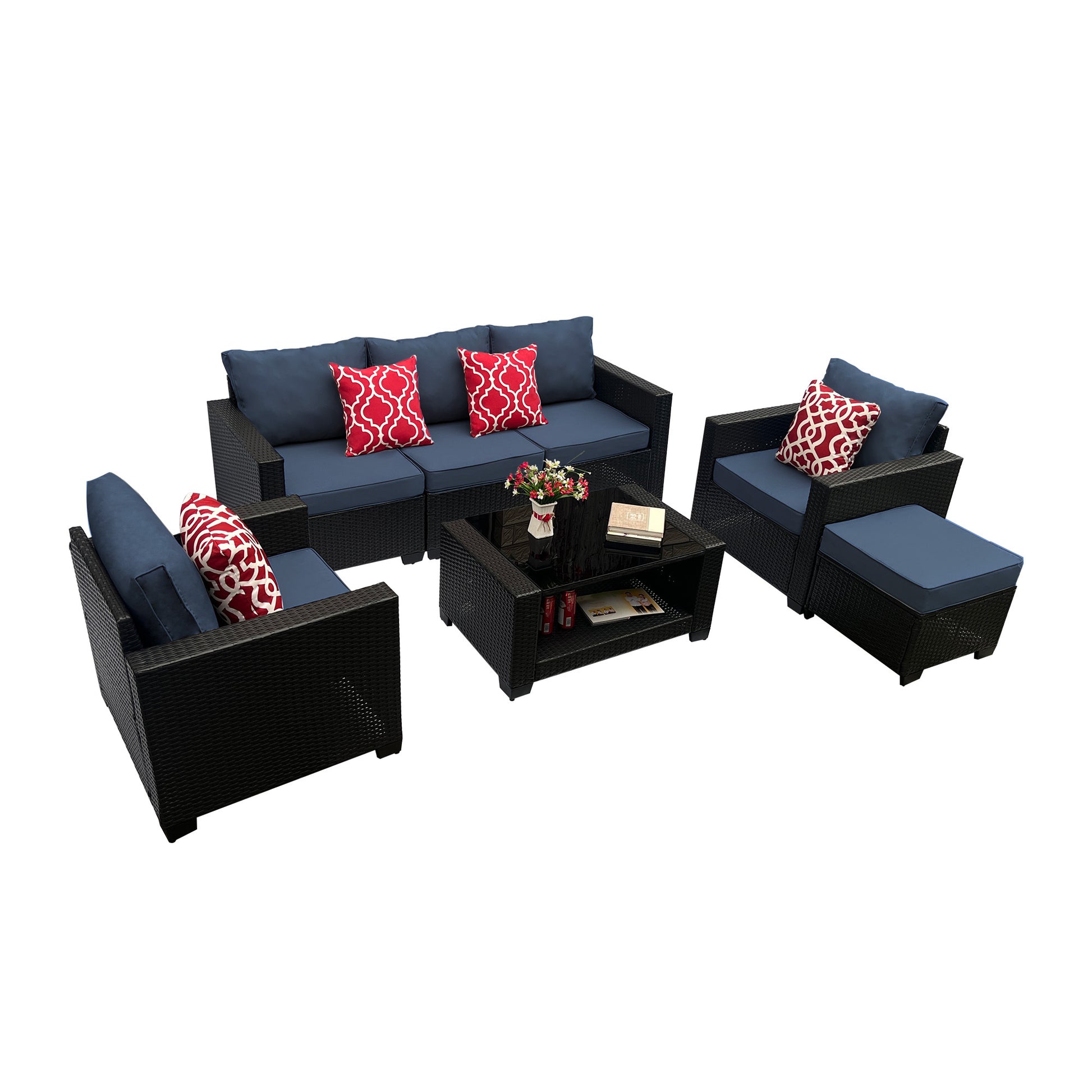Outdoor Garden Patio Furniture 7 Piece Pe Rattan Wicker Cushioned Sofa Sets And Coffee Table, Patio Furniture Set Outdoor Couch Outdoor Couch Patio Furniture Outdoor Sofa Patio Couch Yes Complete Patio Set Dark Coffee Blue Seats 6 Weather Resistant Frame