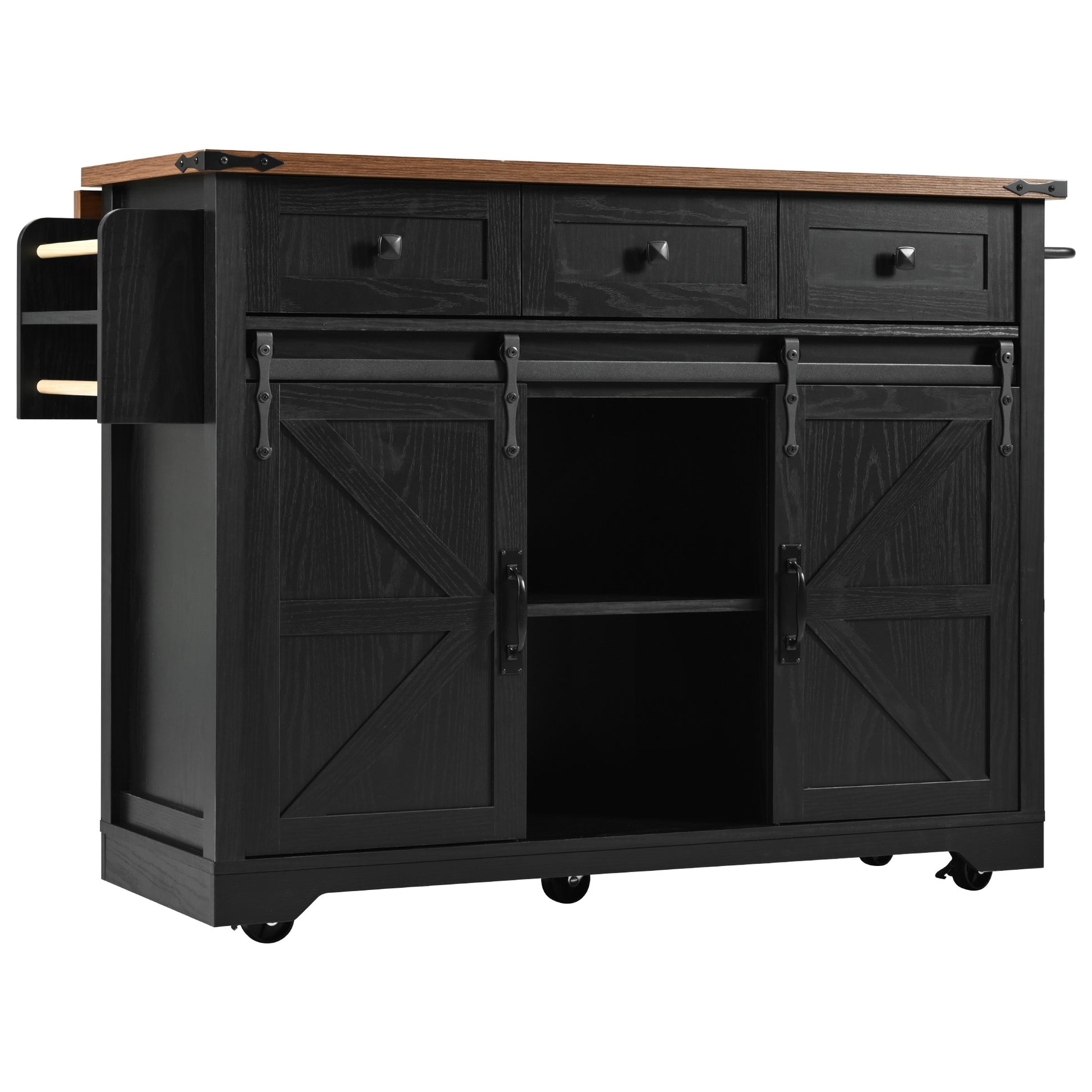 K&K 53.7" Farmhouse Kitchen Island With Power Outlet, 2 Sliding Barn Door Kitchen Storage Island With Drop Leaf, Spice Rack Rolling Kitchen Cart On Wheels, For Home, Kitchen And Dining Room, Black