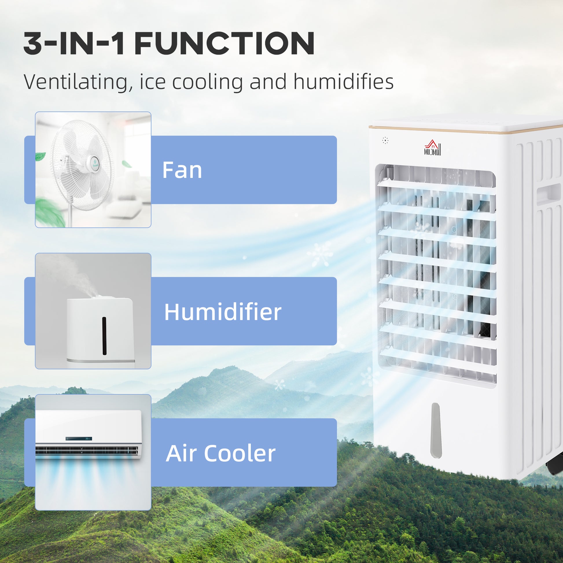 Homcom 21" Evaporative Air Cooler With Ice Packs, 3 In 1 Ice Cooling Fan, Portable Swamp Cooler With Water Tank, 7.5H Timer, 60 Oscillating, Remote, For Home Office Bedroom, White White Abs